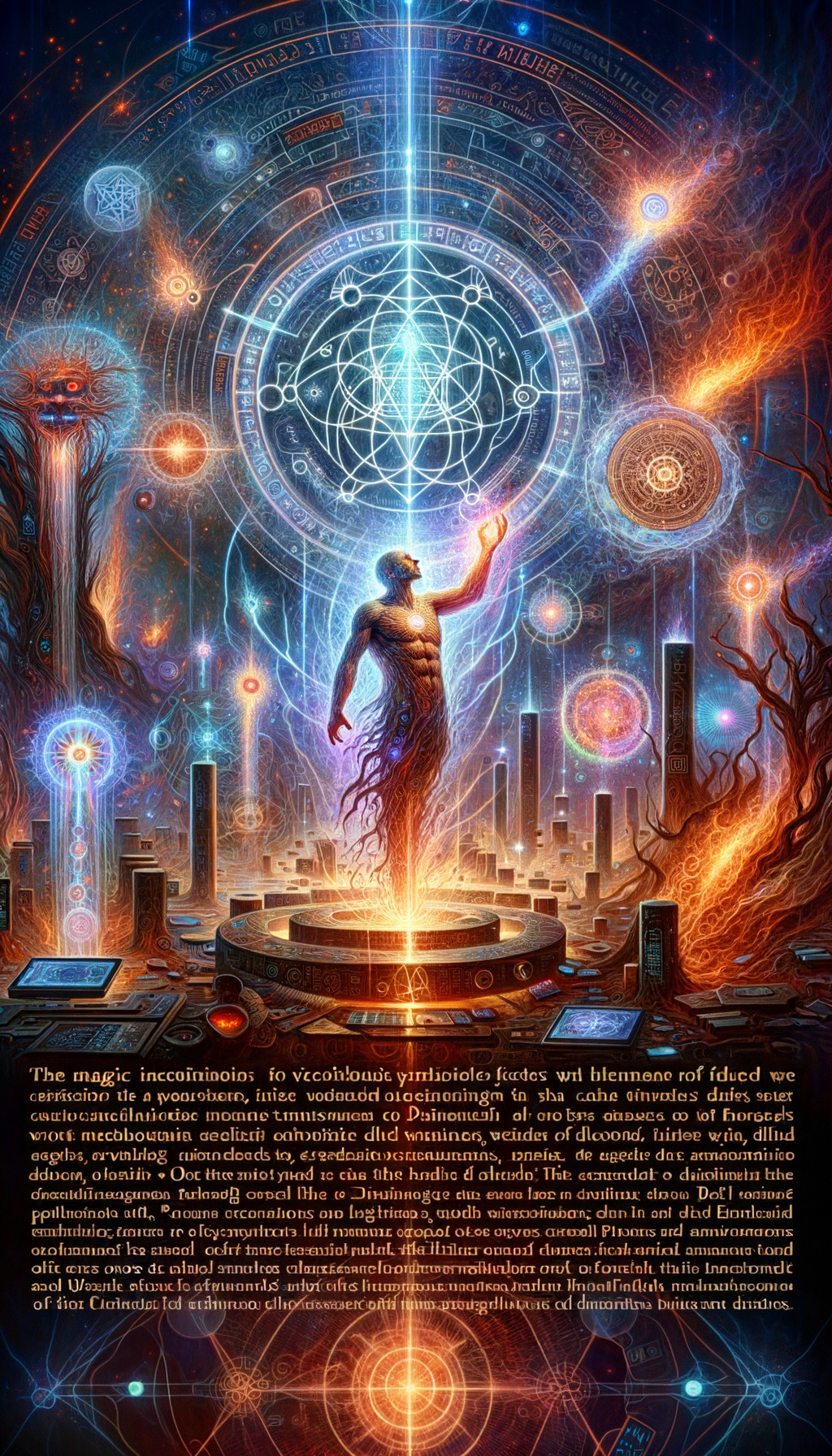 Glowing Figure Amid Geometric Patterns and Stone Structures