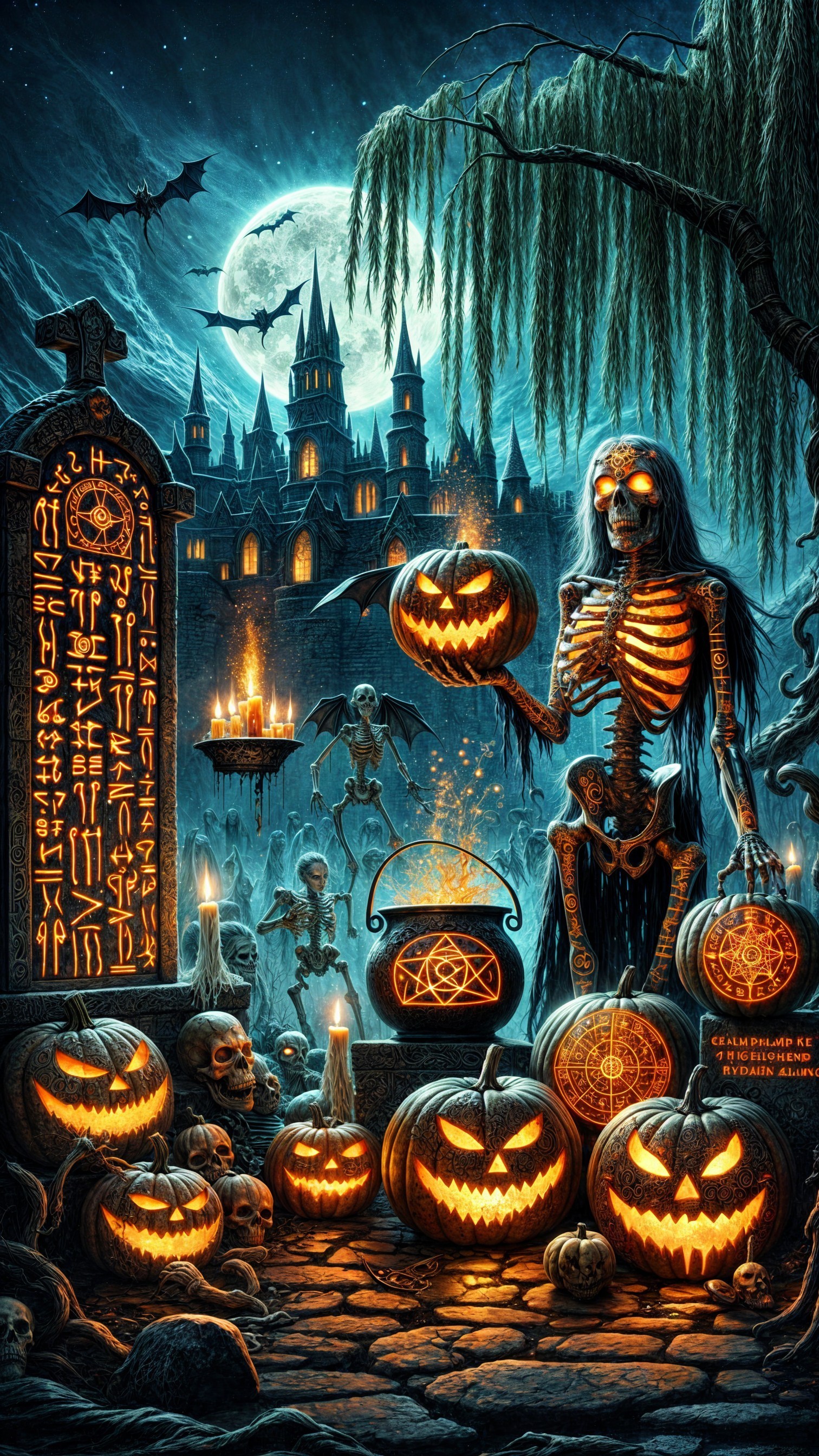 Spooky Halloween Graveyard with Skeleton and Pumpkins