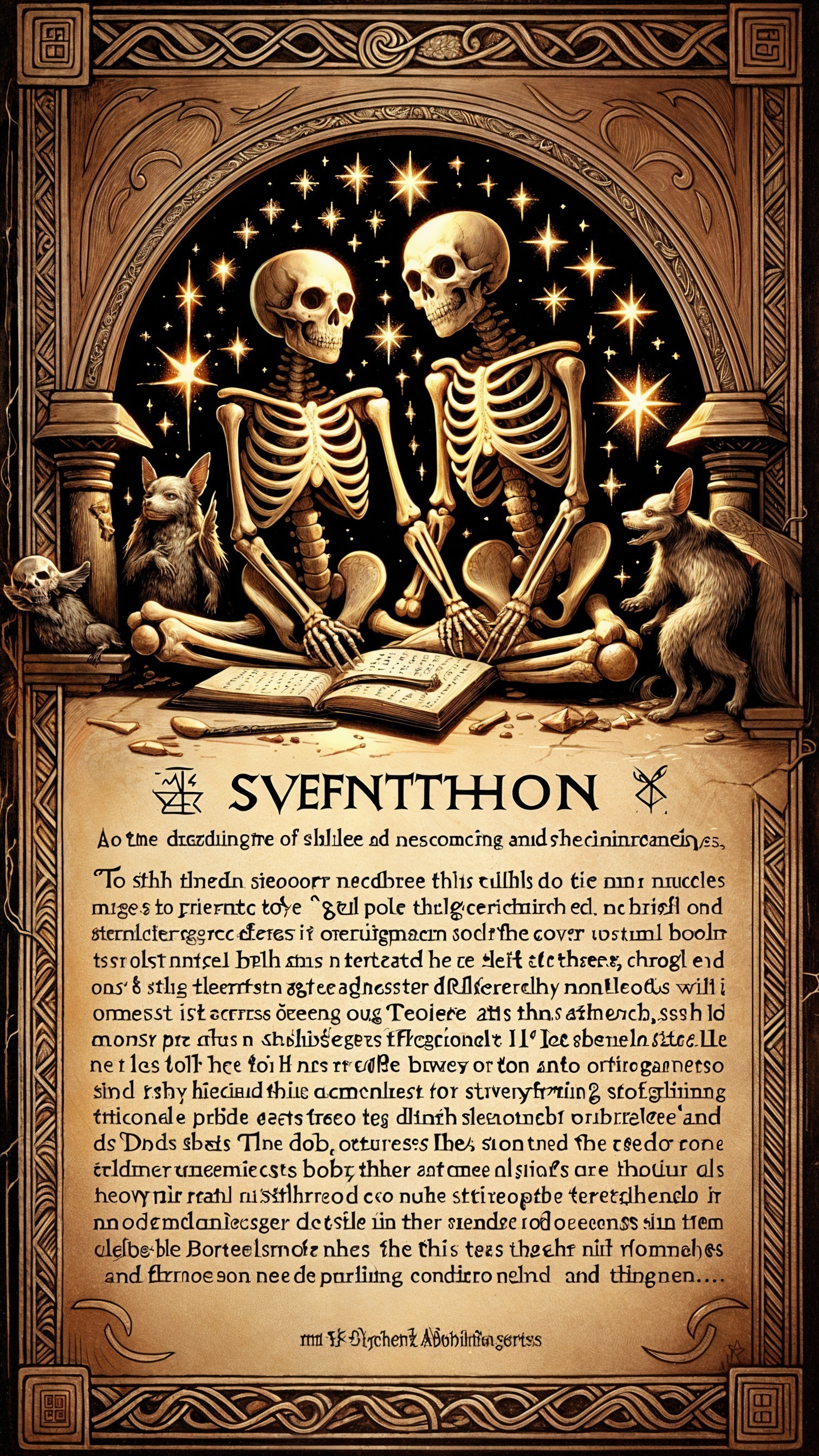 Skeletons with Animals in Whimsical Setting