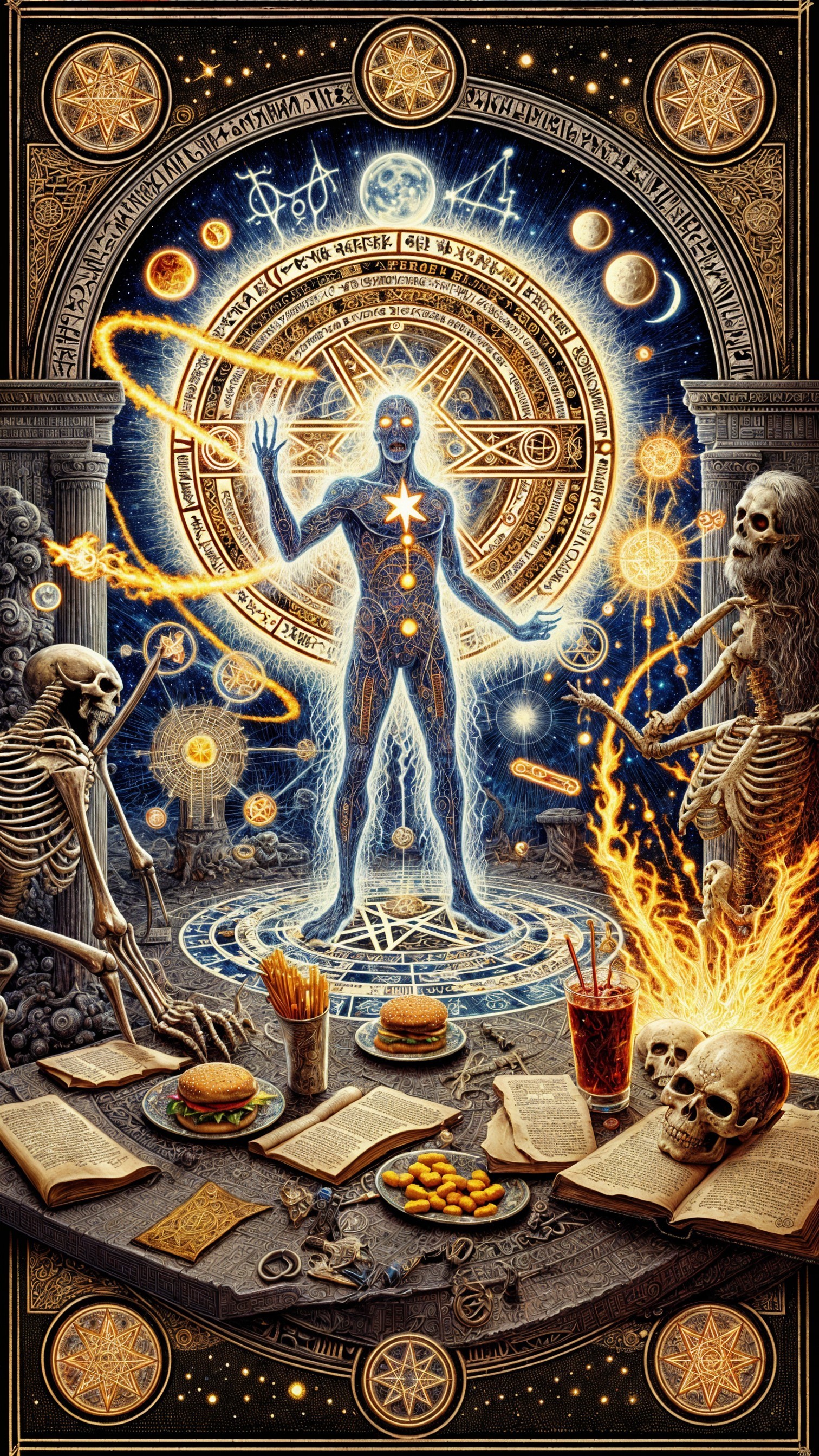 Ethereal Figure and Skeletons in Mystical Ritual Scene