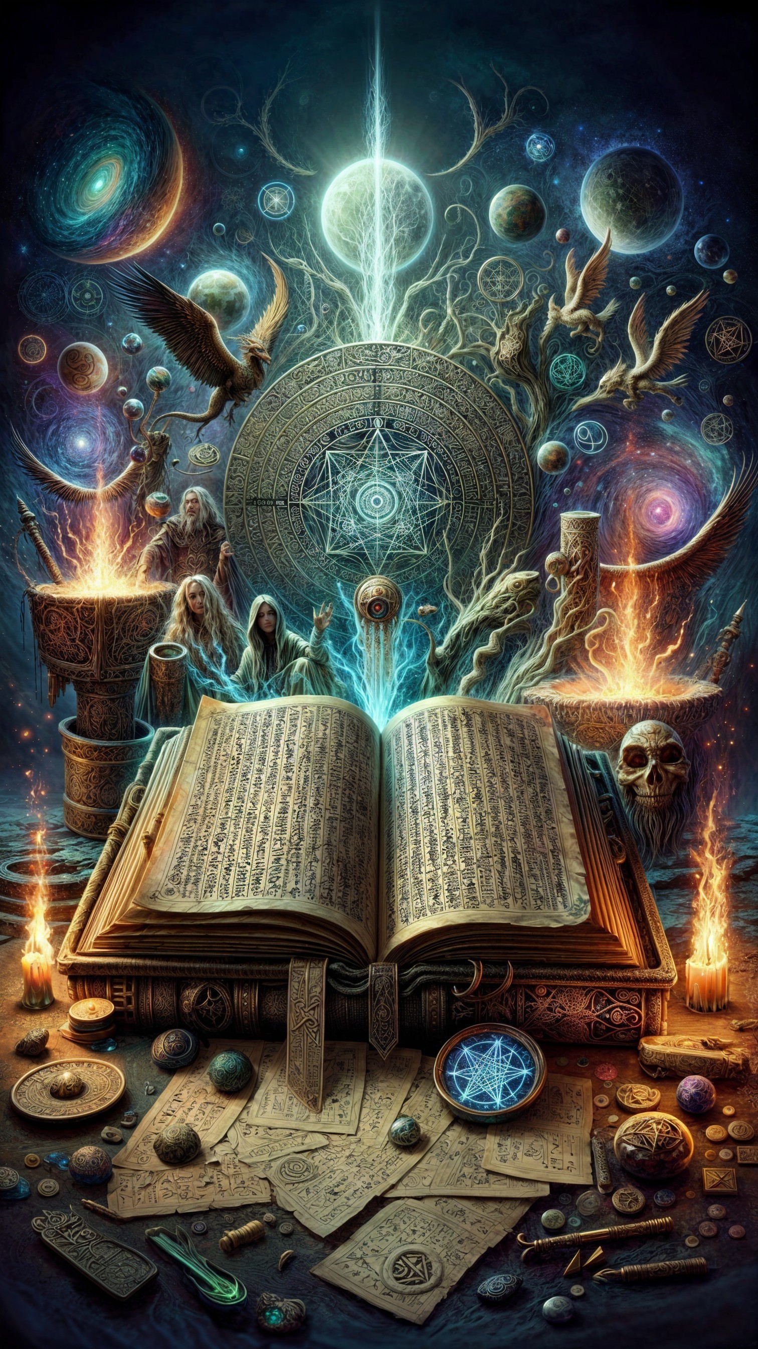 Ancient Book Surrounded by Mystical Symbols and Creatures