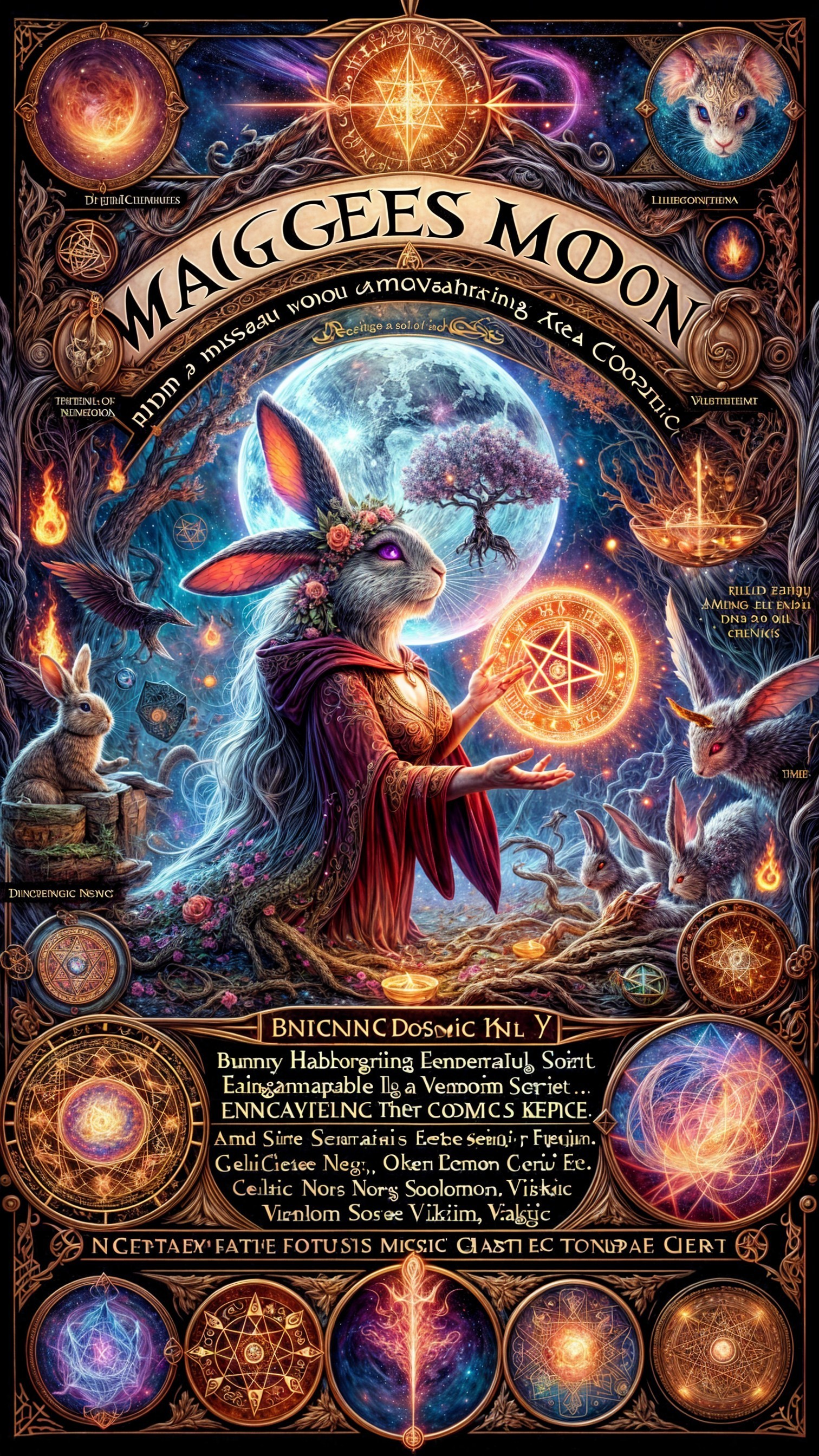 Mystical Moon Design with Celestial Symbols and Animals