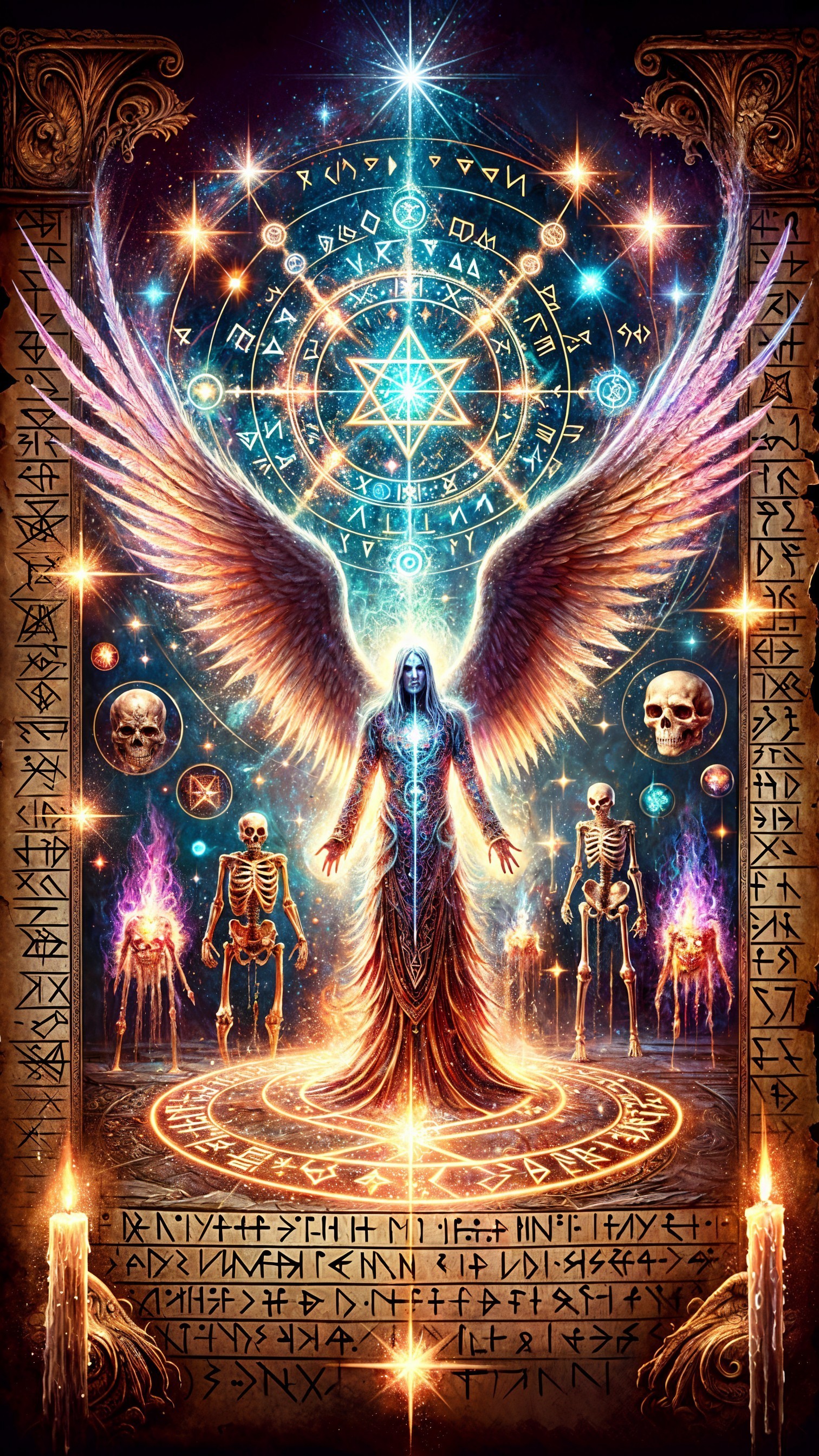 Mystical Figure with Glowing Wings in Cosmic Realm