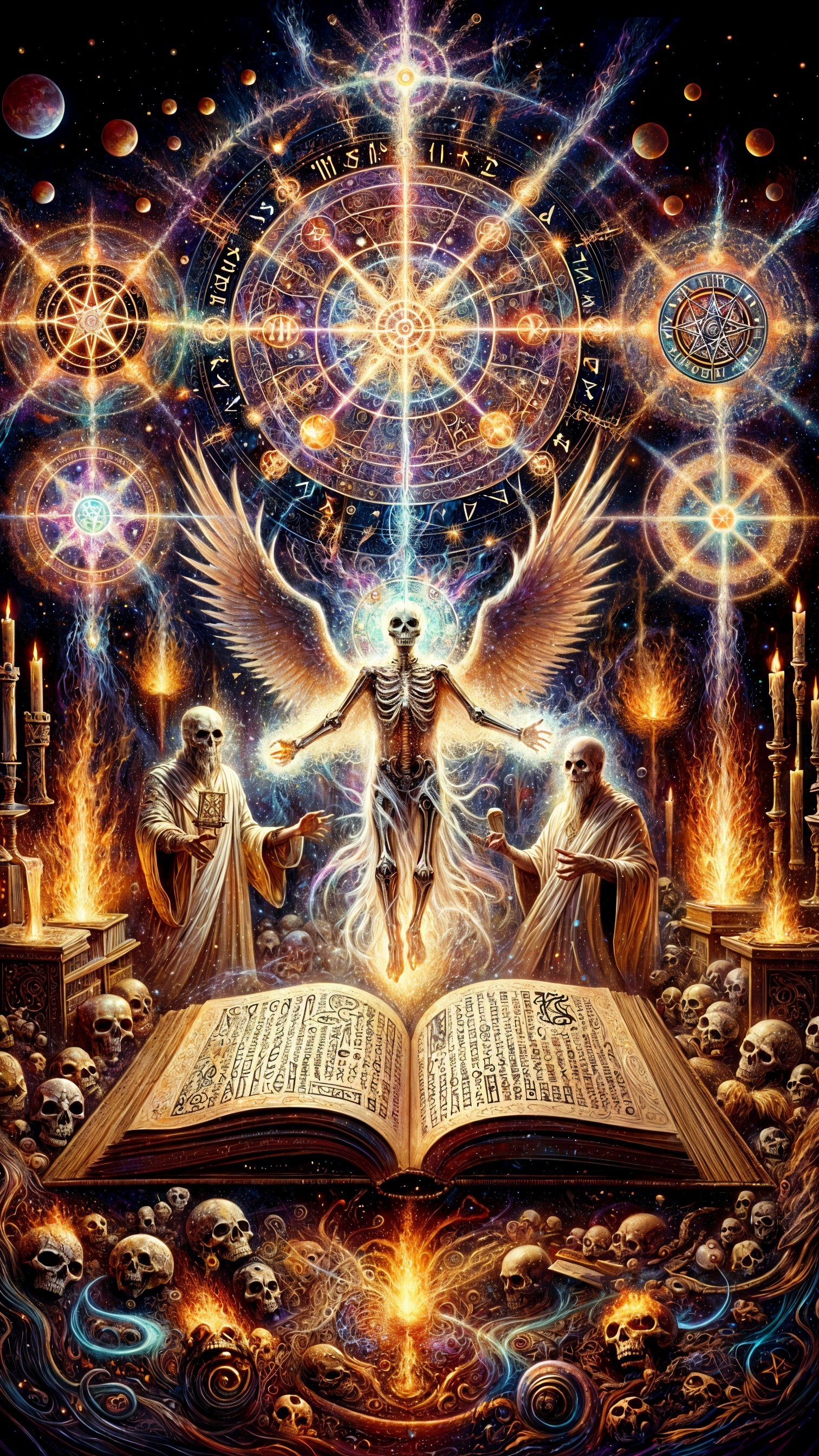 Mystical Scene with Ethereal Figure and Cosmic Symbols