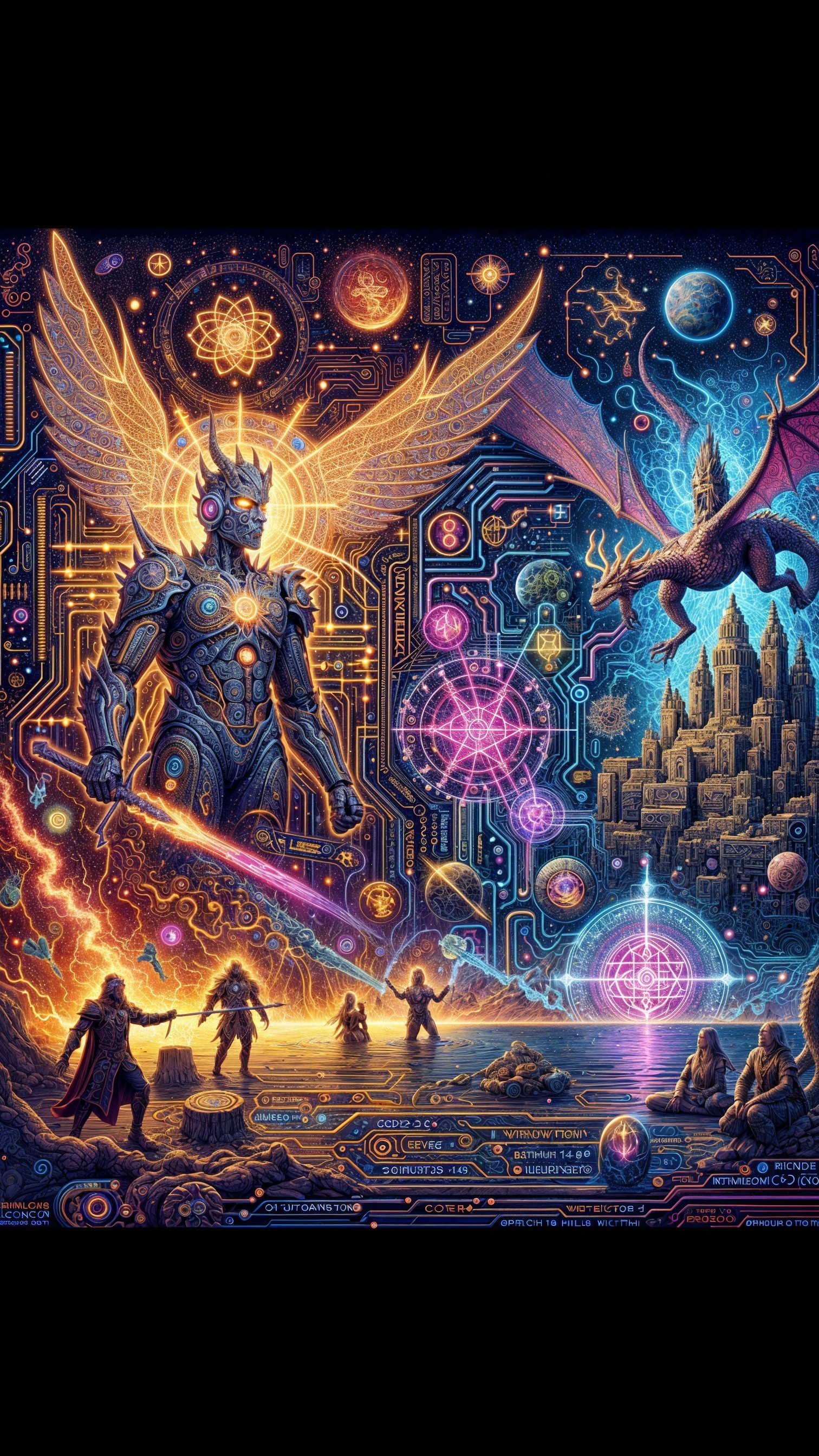 Robotic Angel in Cosmic Scene with Futuristic City