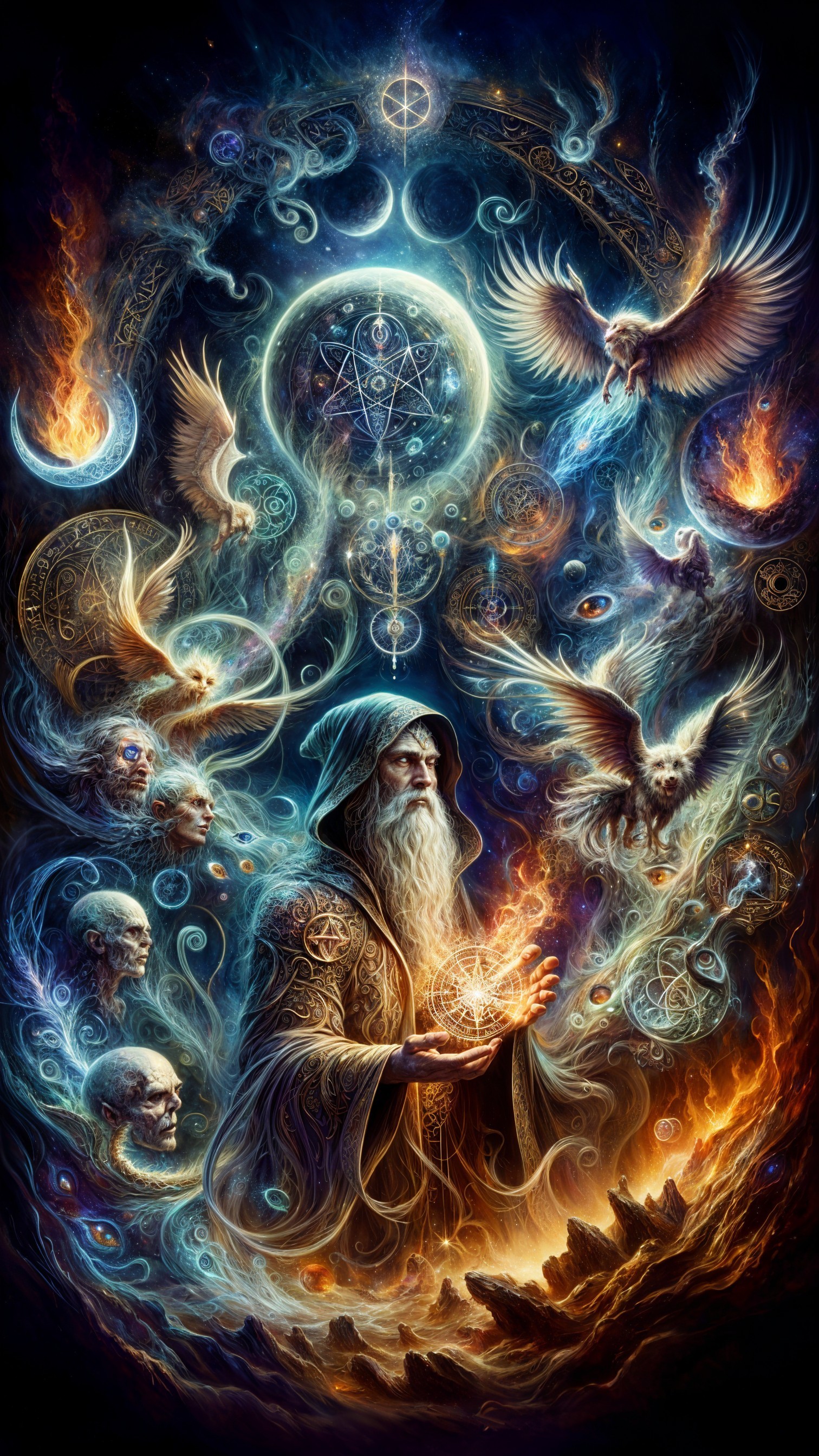 Mystical Figure with Orb in Cosmic Scene
