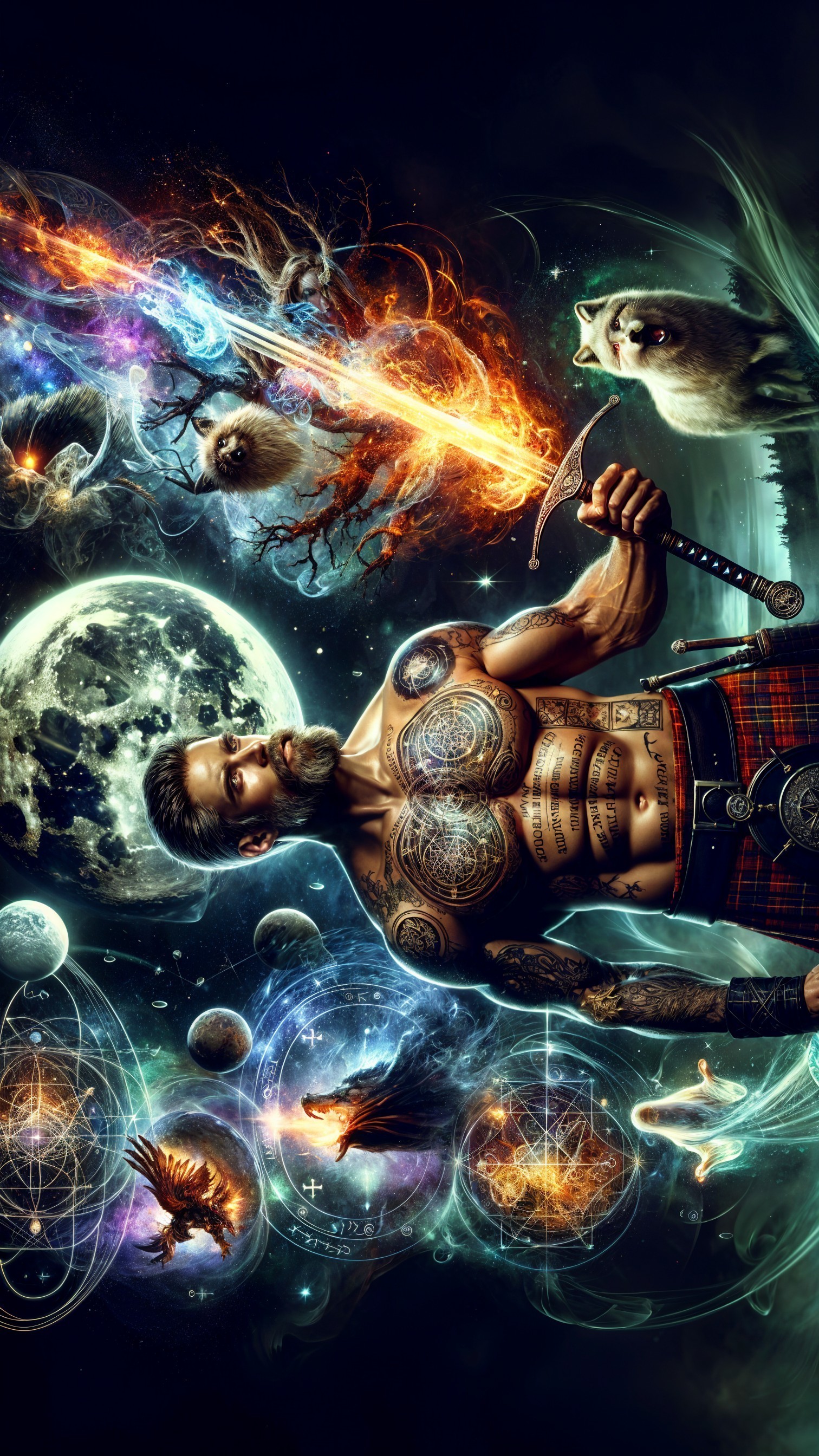Muscular Warrior in Kilt Against Cosmic Background