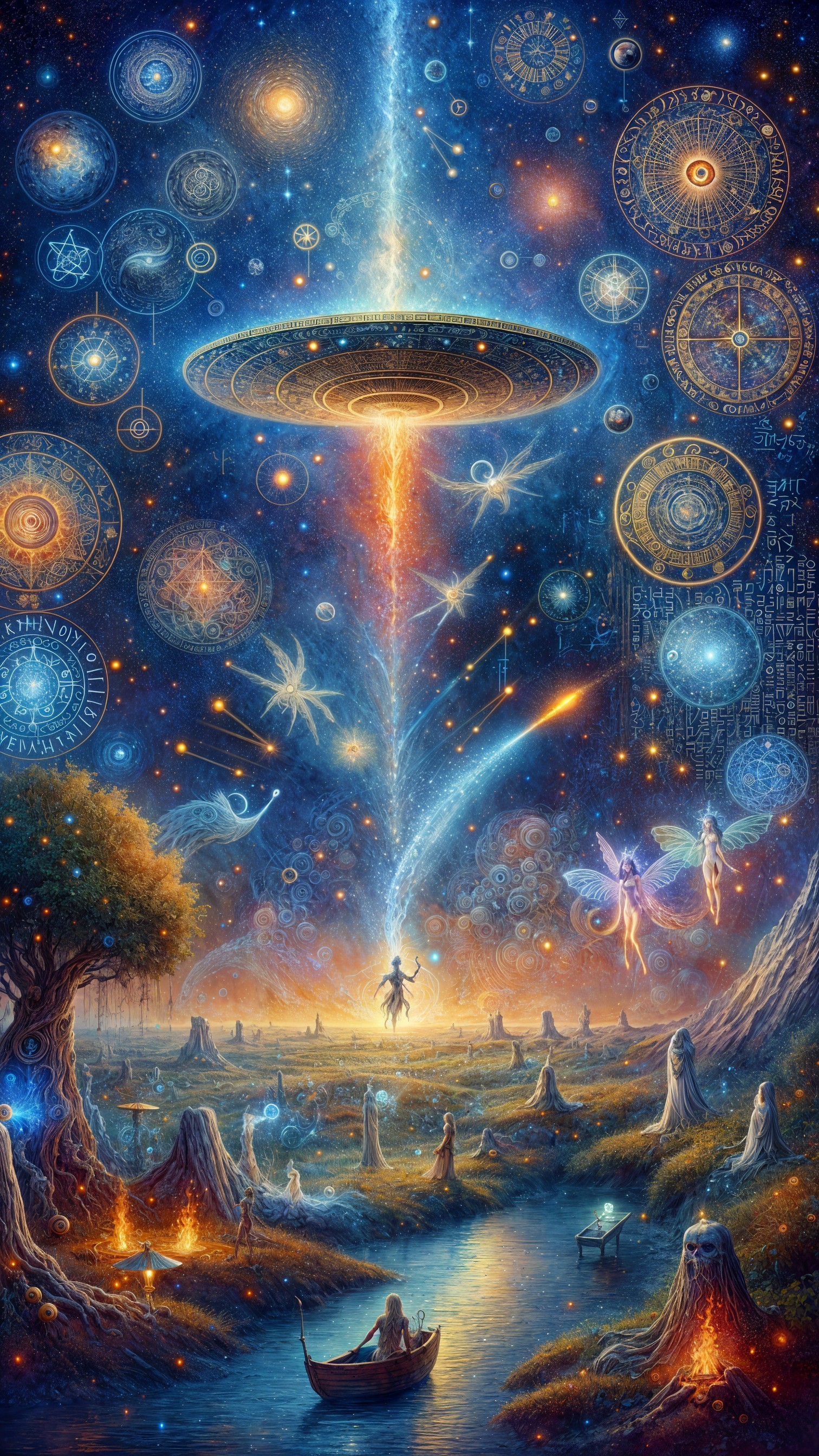 Radiant Galaxy with Ethereal Beings and Symbols