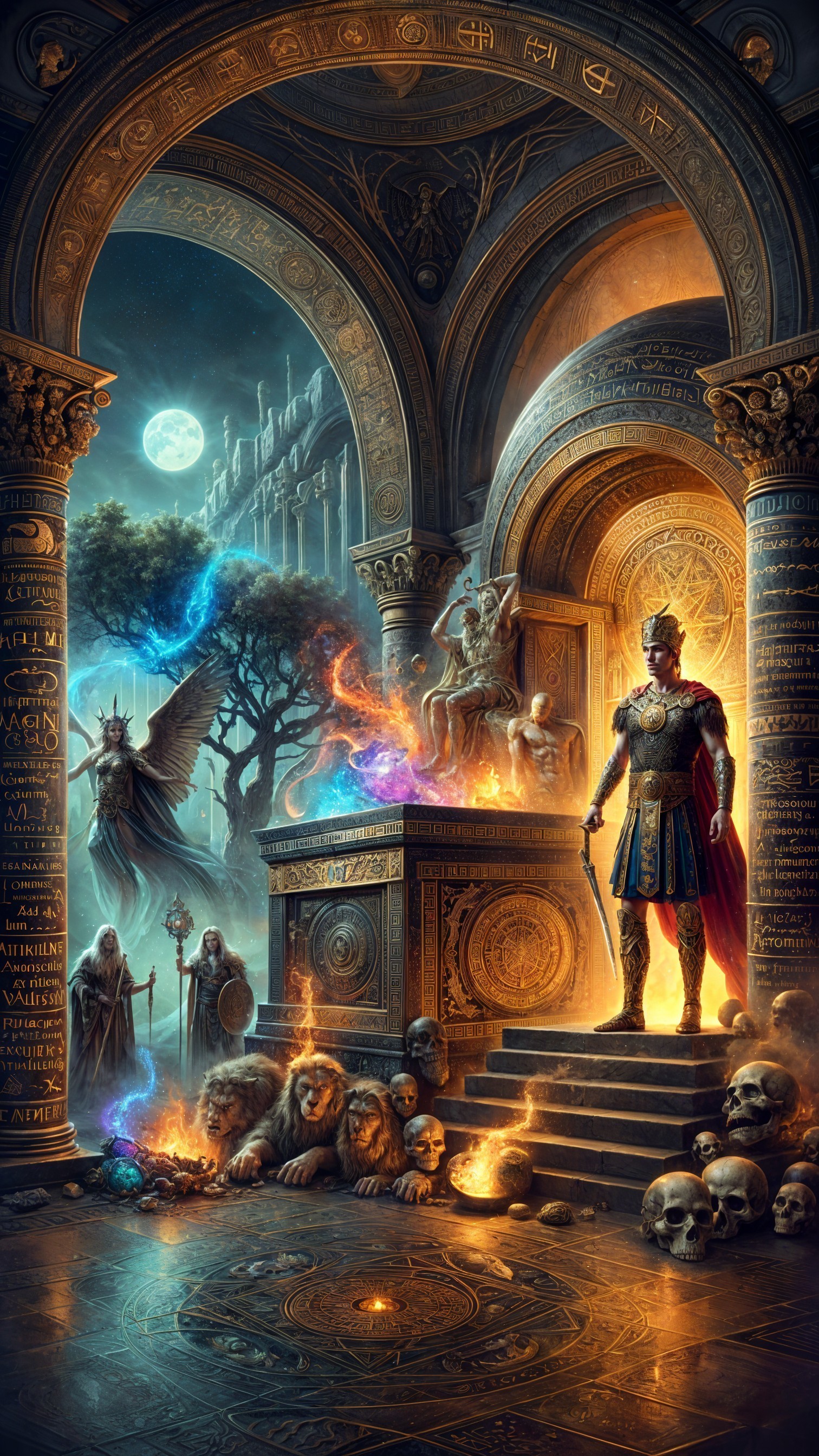 Ancient Temple Scene with Warrior and Mystical Beings