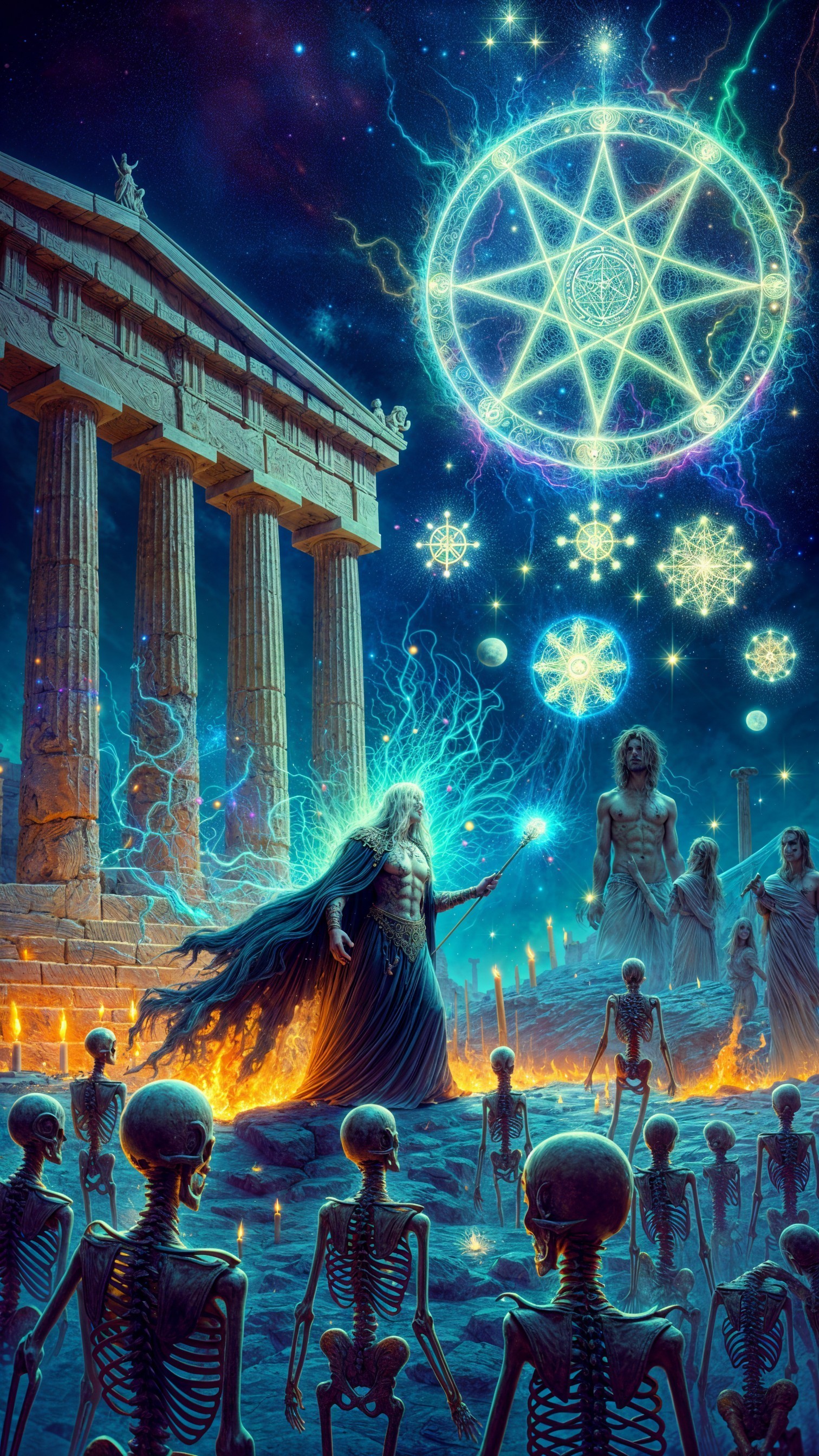 Ancient temple in mystical landscape with ethereal flames