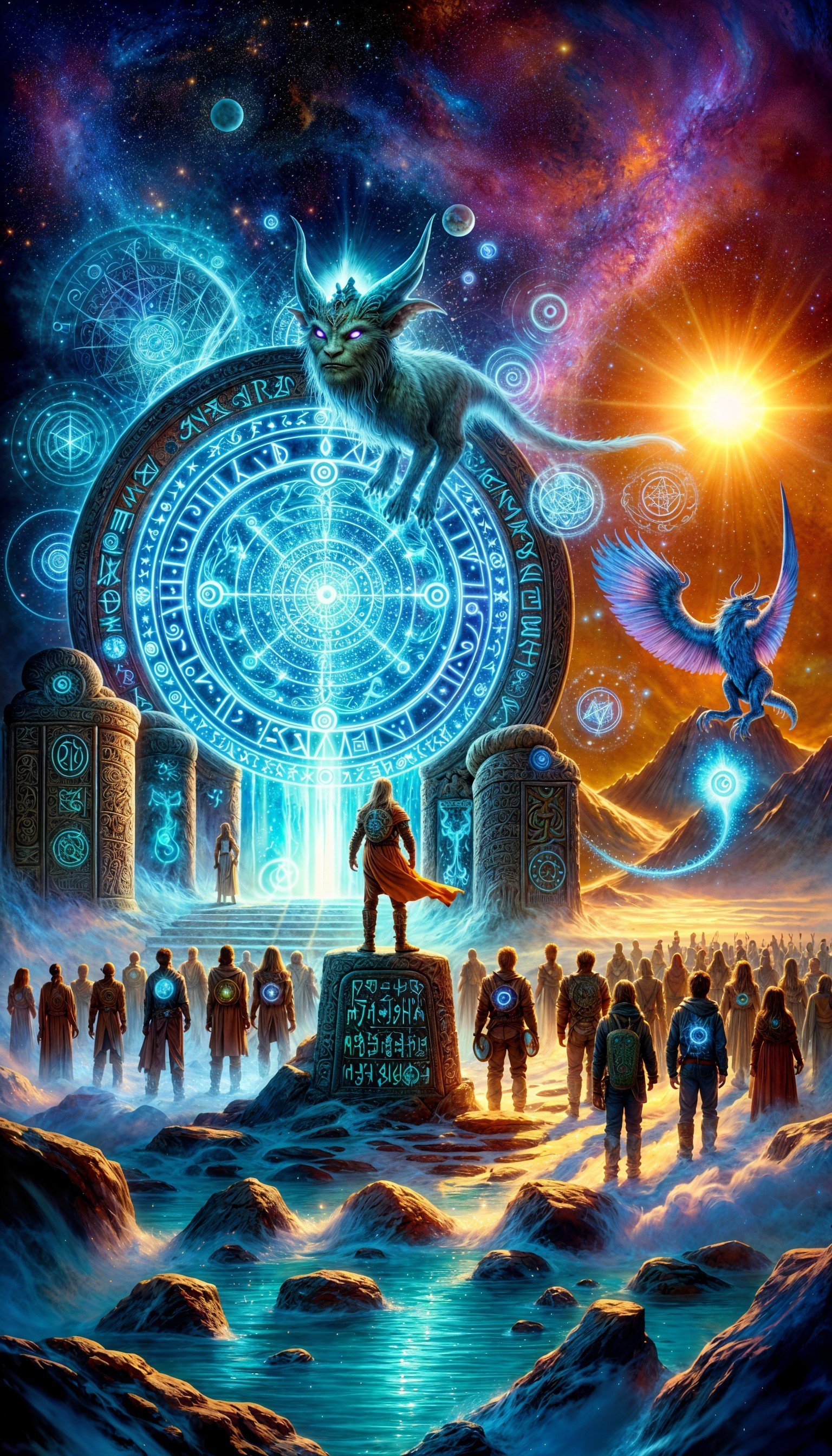 Vibrant Cosmic Scene with Mystical Portal and Pillars