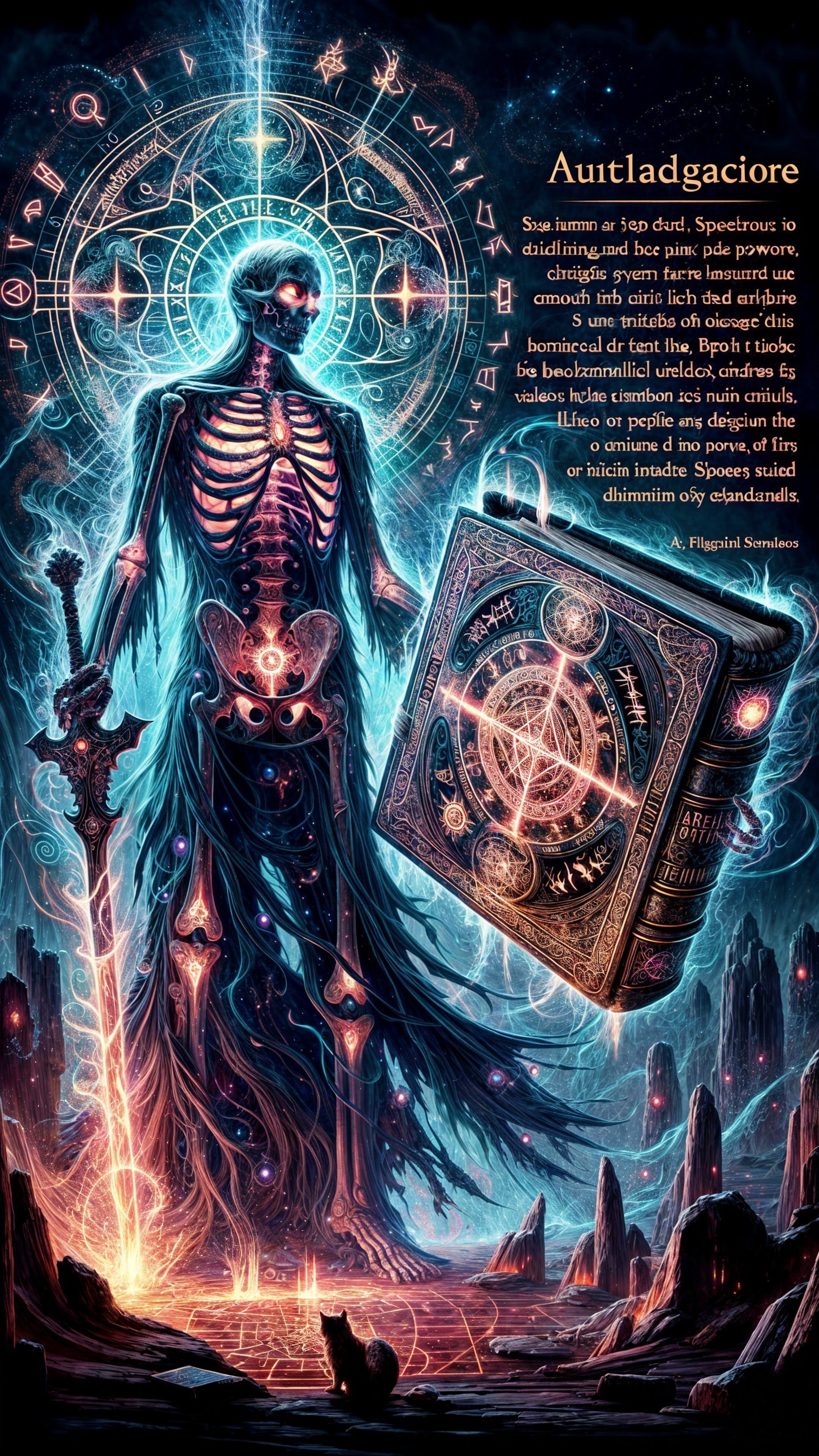 Glowing Skeleton Surrounded by Ancient Symbols and Energy