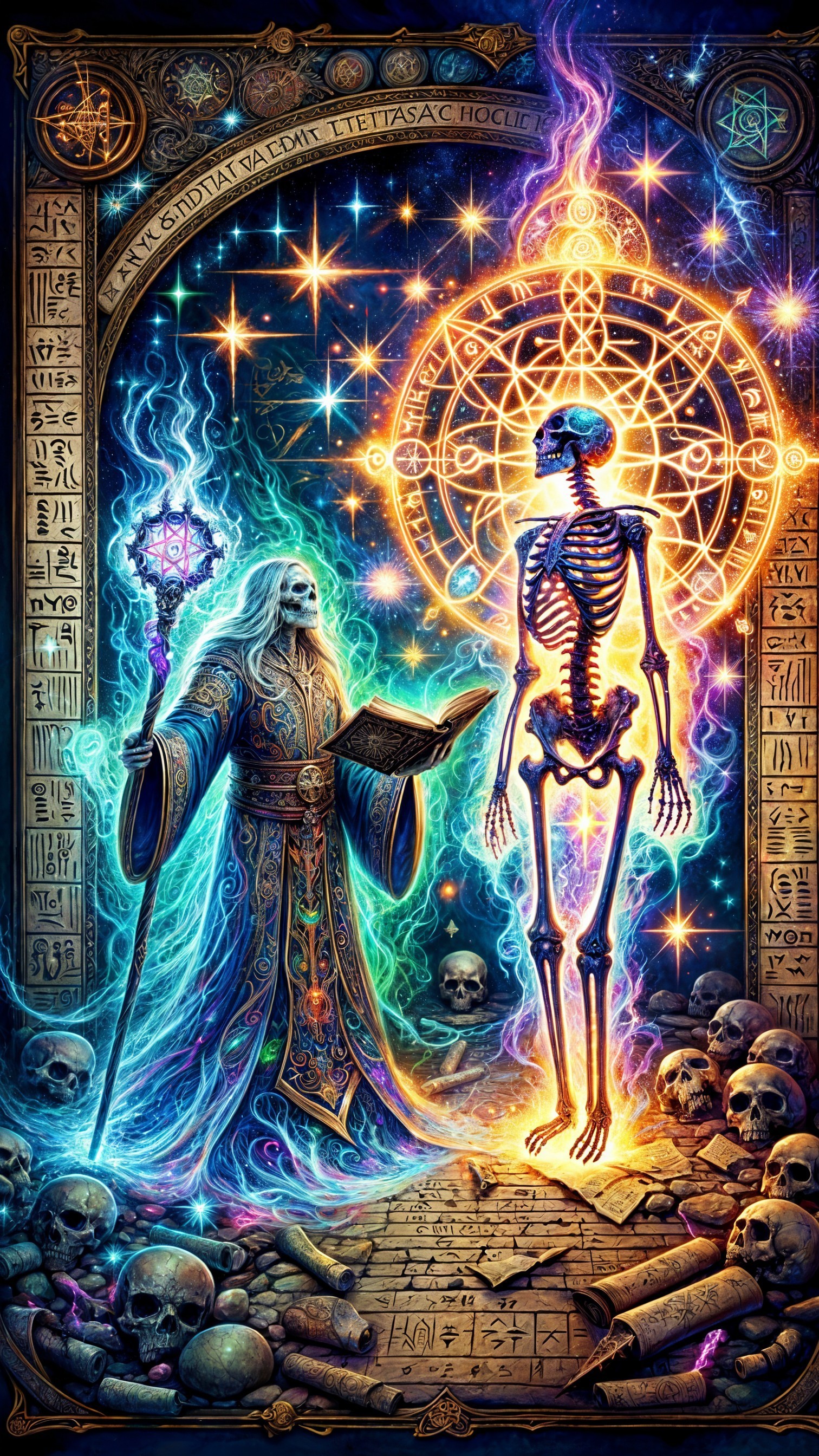 Mystical Wizard with Glowing Staff and Ethereal Skeleton