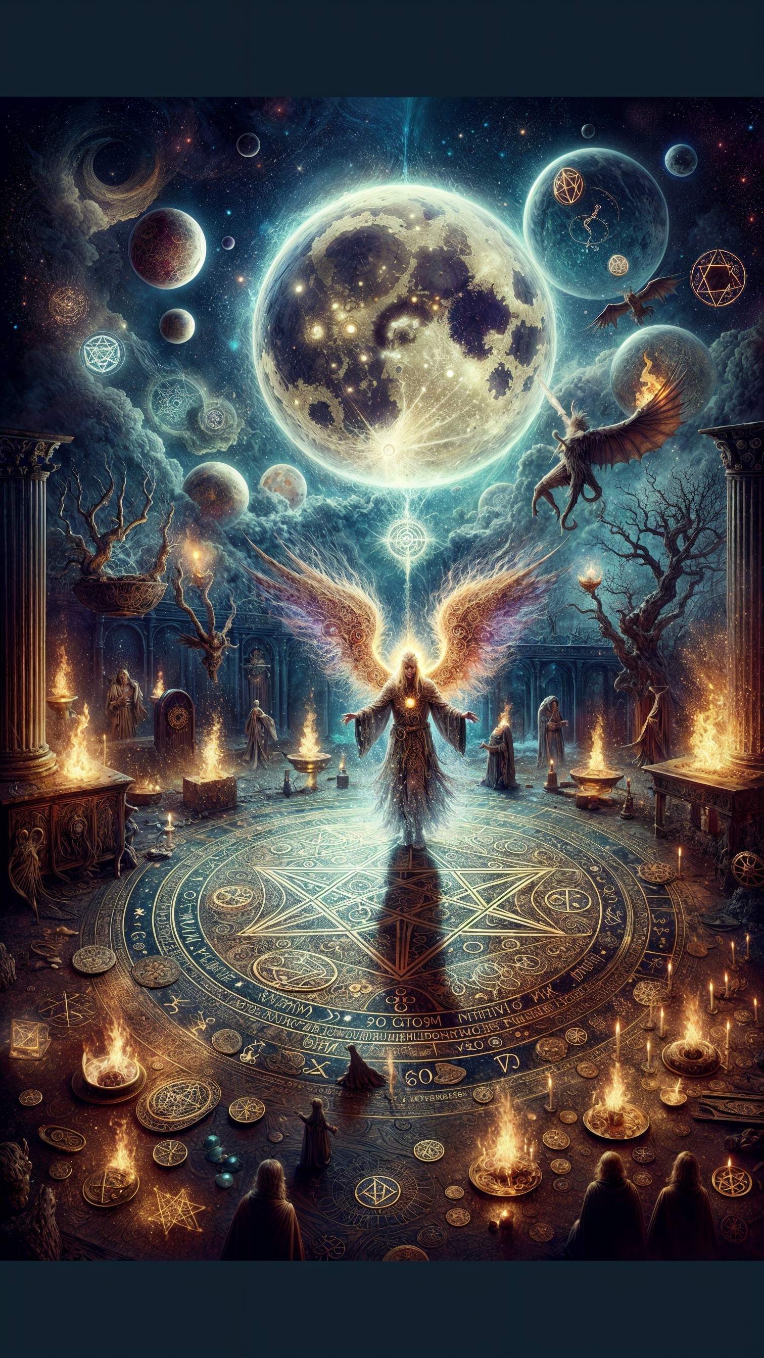Mystical Scene with Ethereal Figure and Rituals