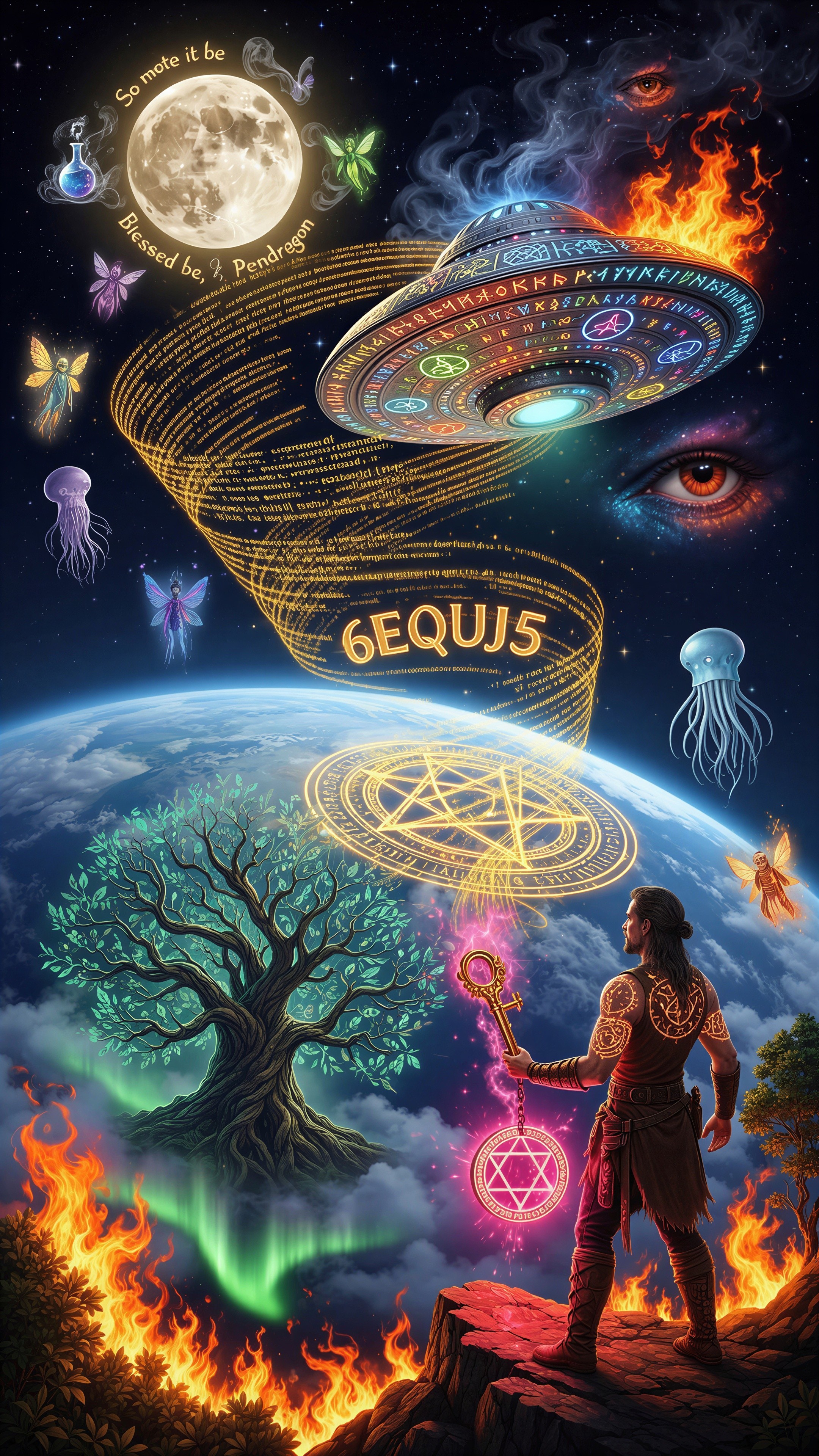 Shaman Figure on Fiery Cliff Overlooking Earth Scene