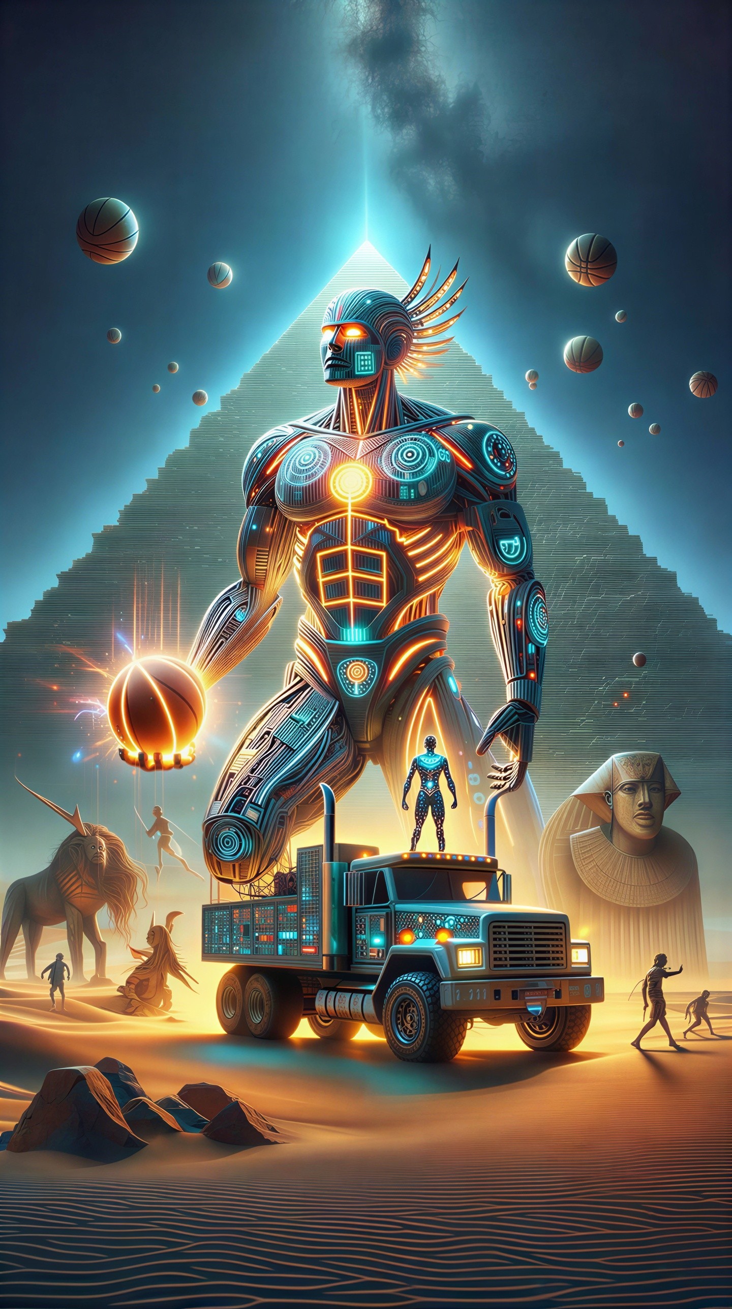 Futuristic Egyptian Desert with Robotic Figure and Pyramid