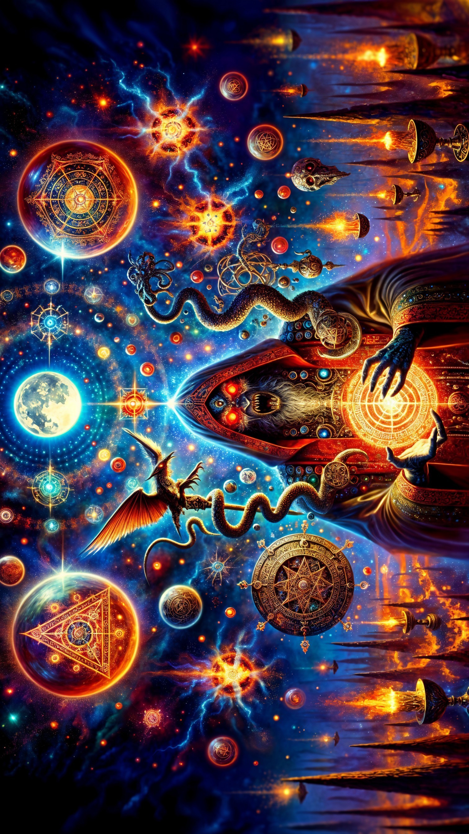 Mystical Figure in Vibrant Robe Amid Cosmic Elements