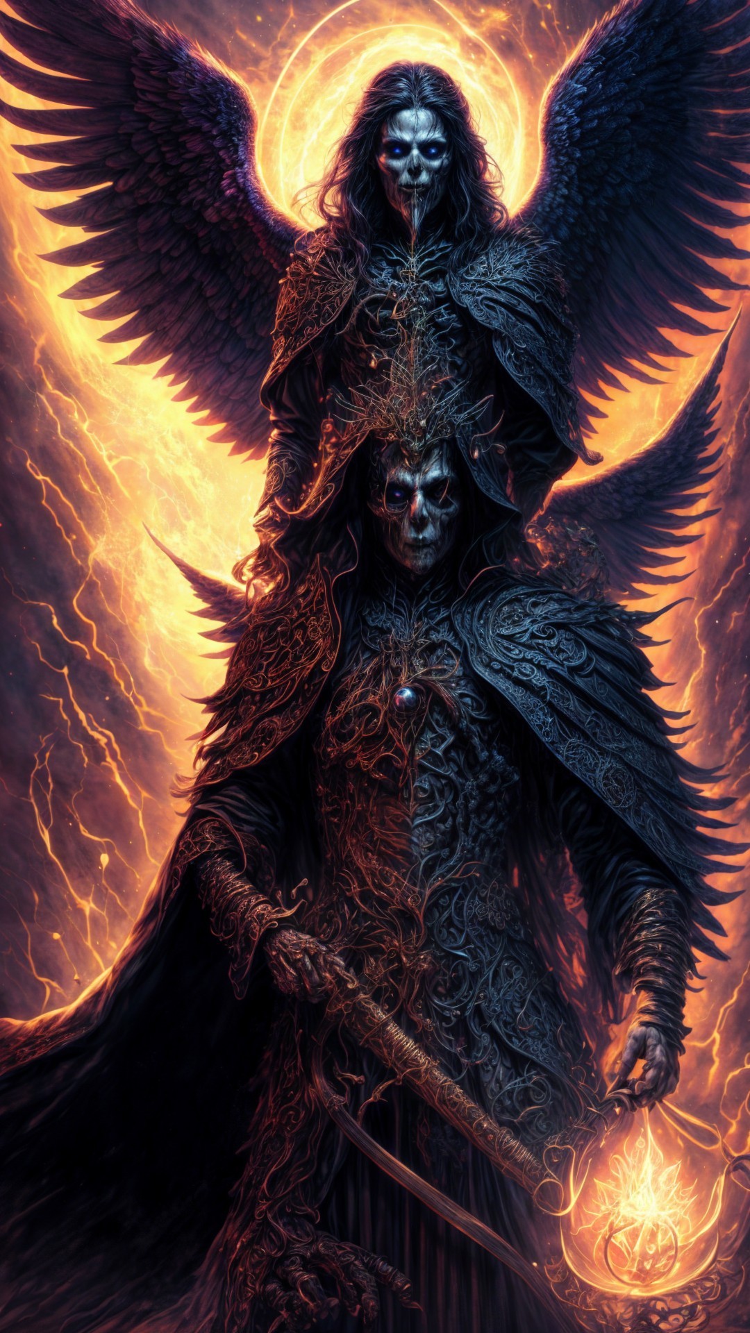Dark Mystical Scene with Armored Figure and Winged Entity