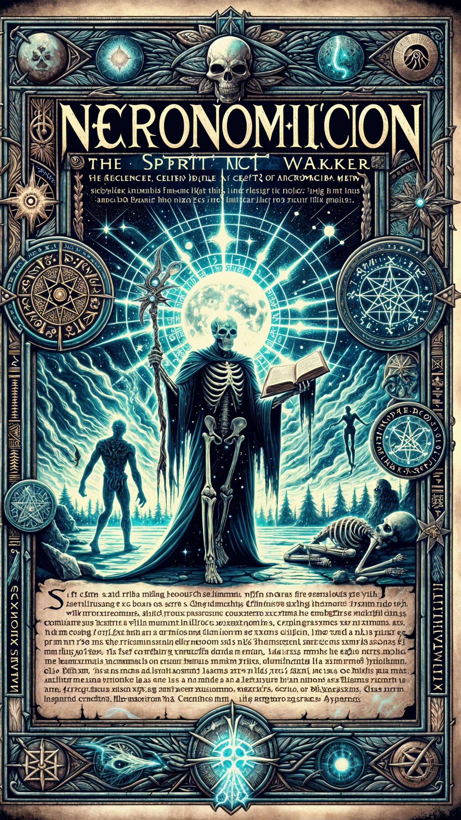 Mystical Tome with Ethereal Skeleton and Arcane Symbols