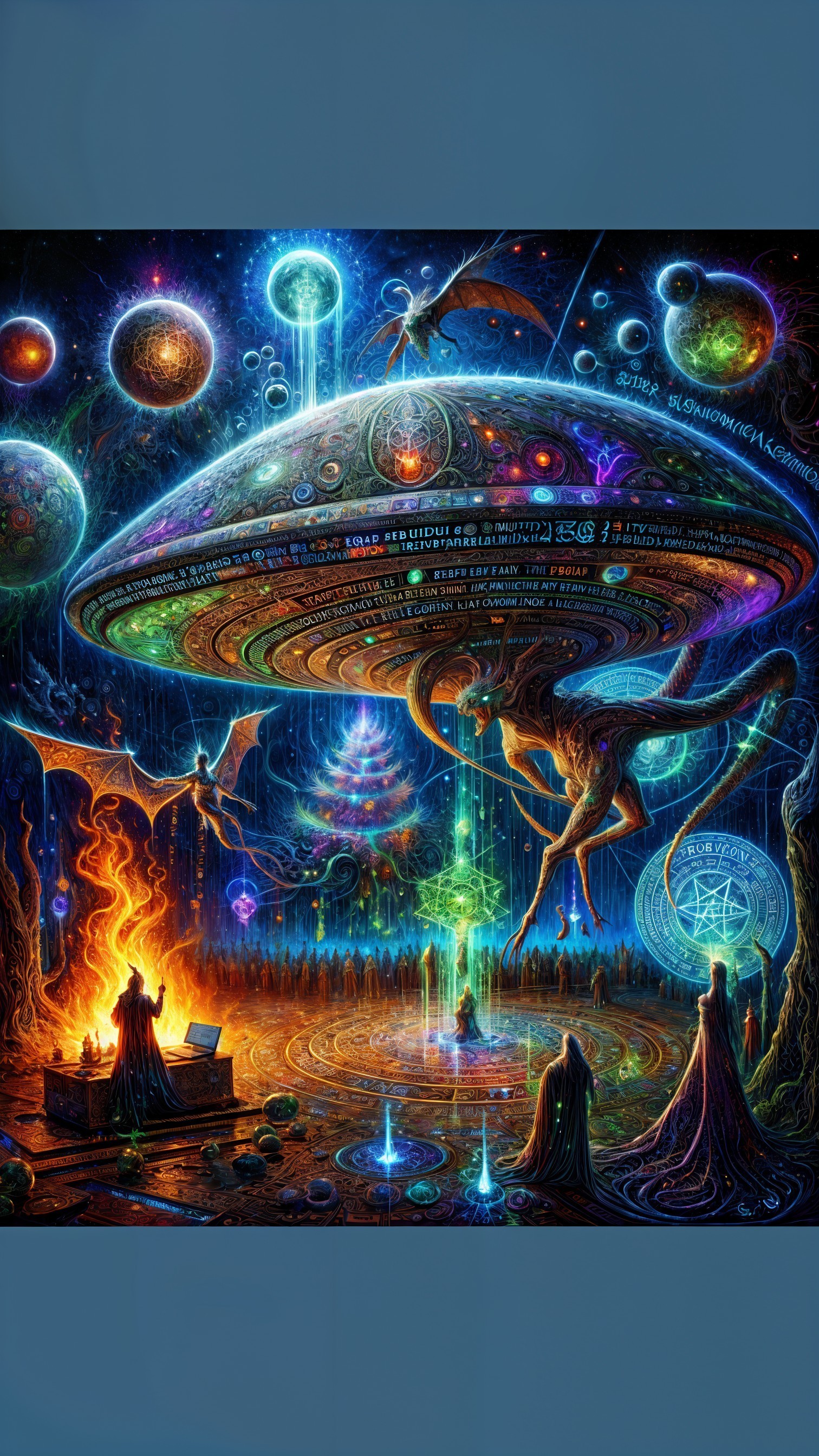 Vibrant Cosmic Scene with UFO and Mystical Elements