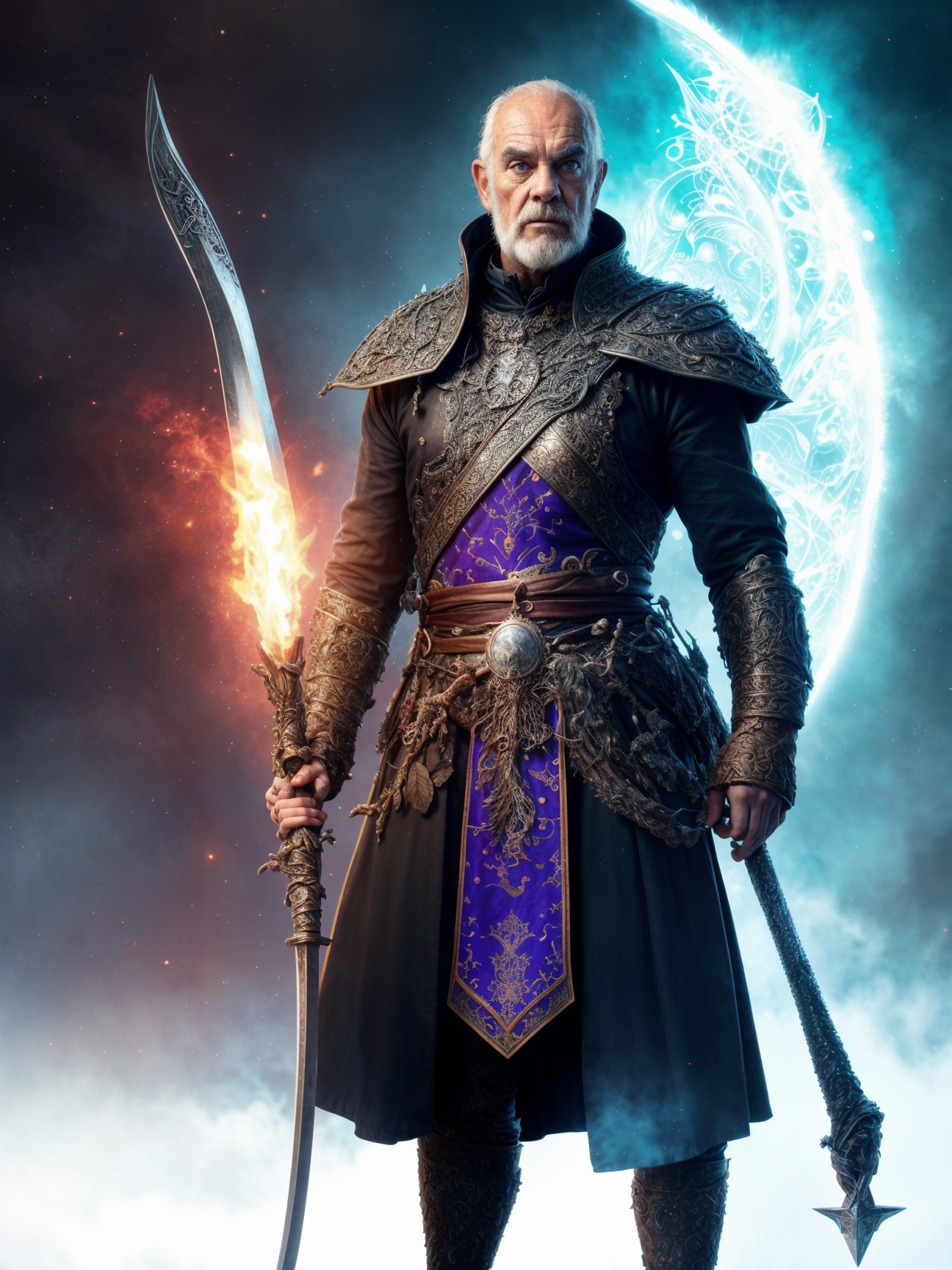 Regal warrior with flaming sword and ornate armor