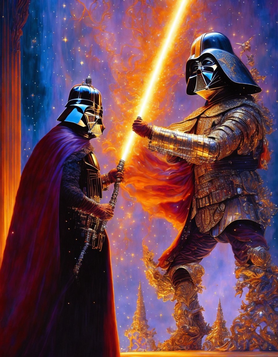 Epic Duel of Armored Figures with Lightsabers
