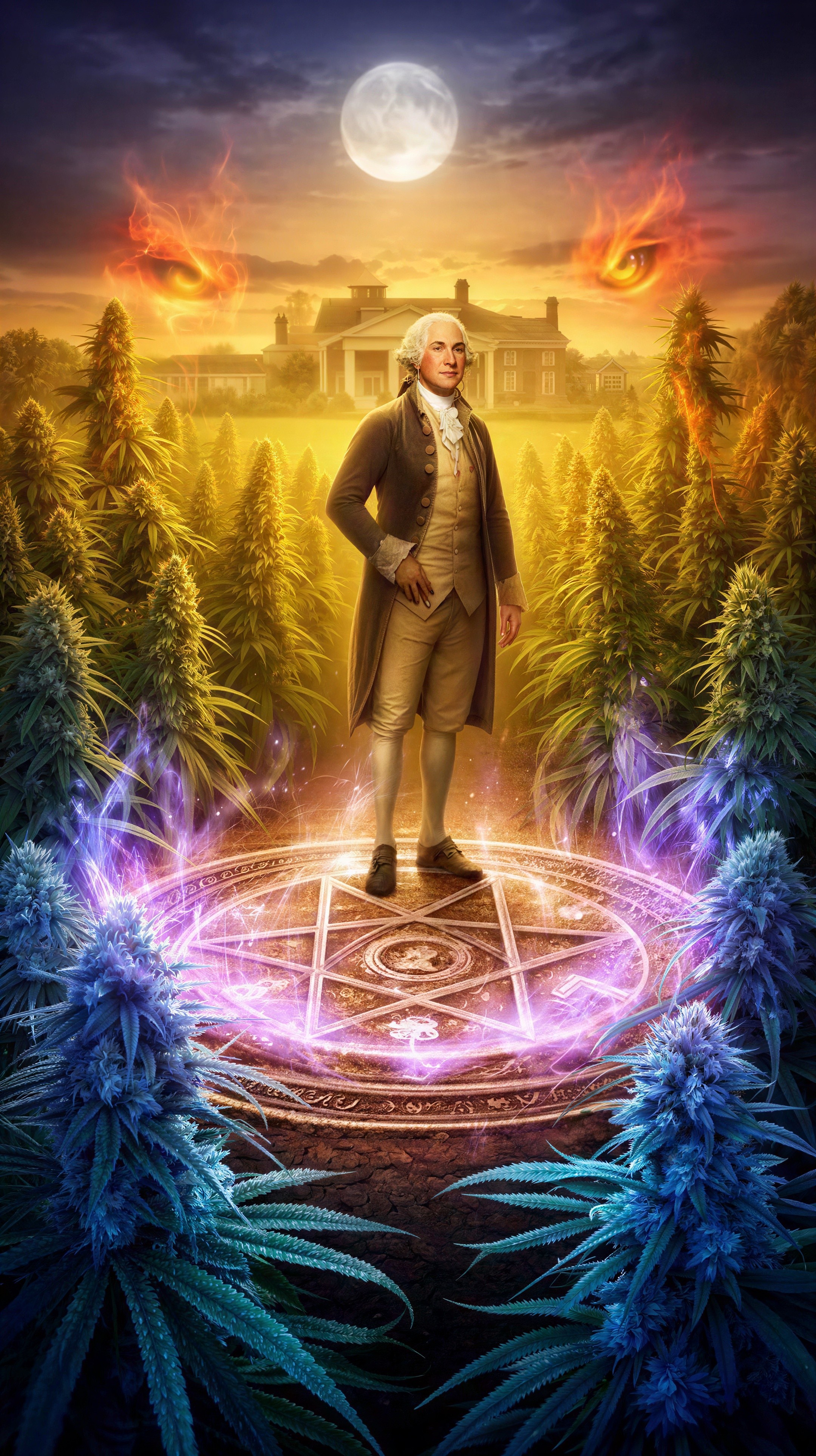 Colonial-Era Man on Glowing Pentagram in Digital Art