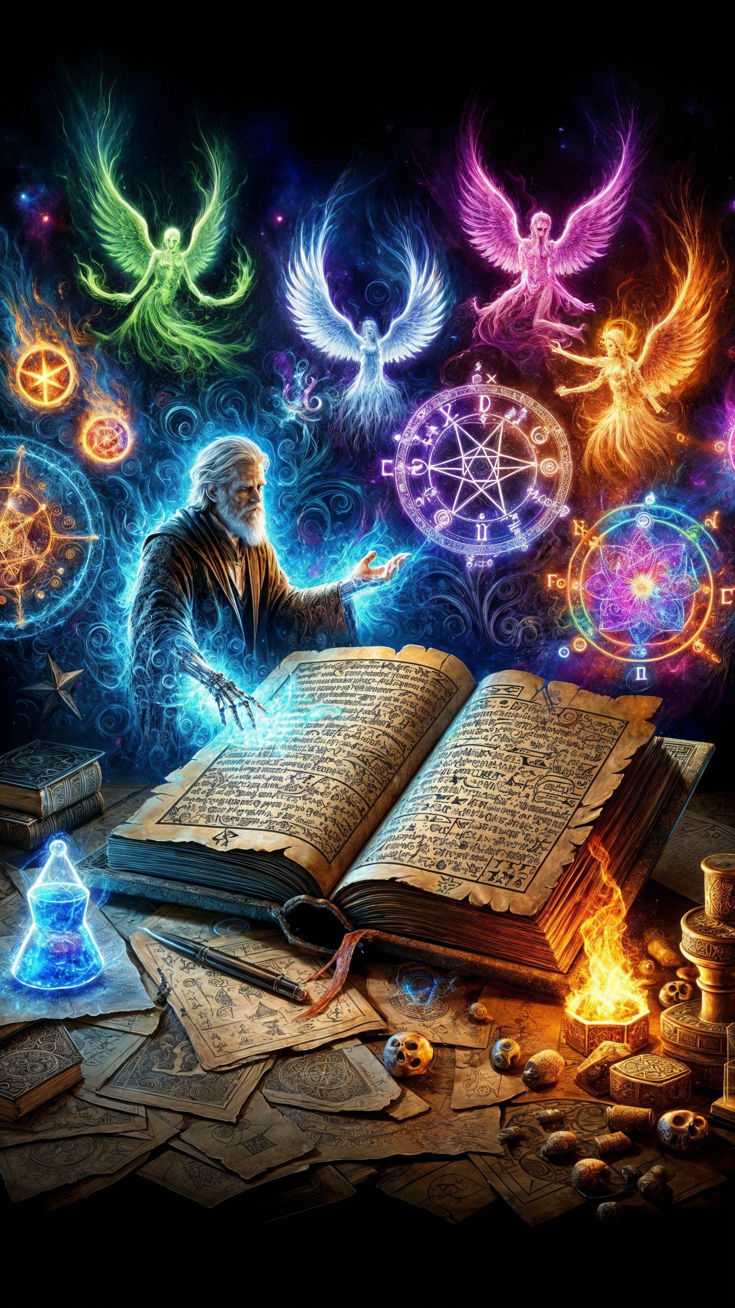 Ancient Wizard with Illuminated Book and Magical Symbols