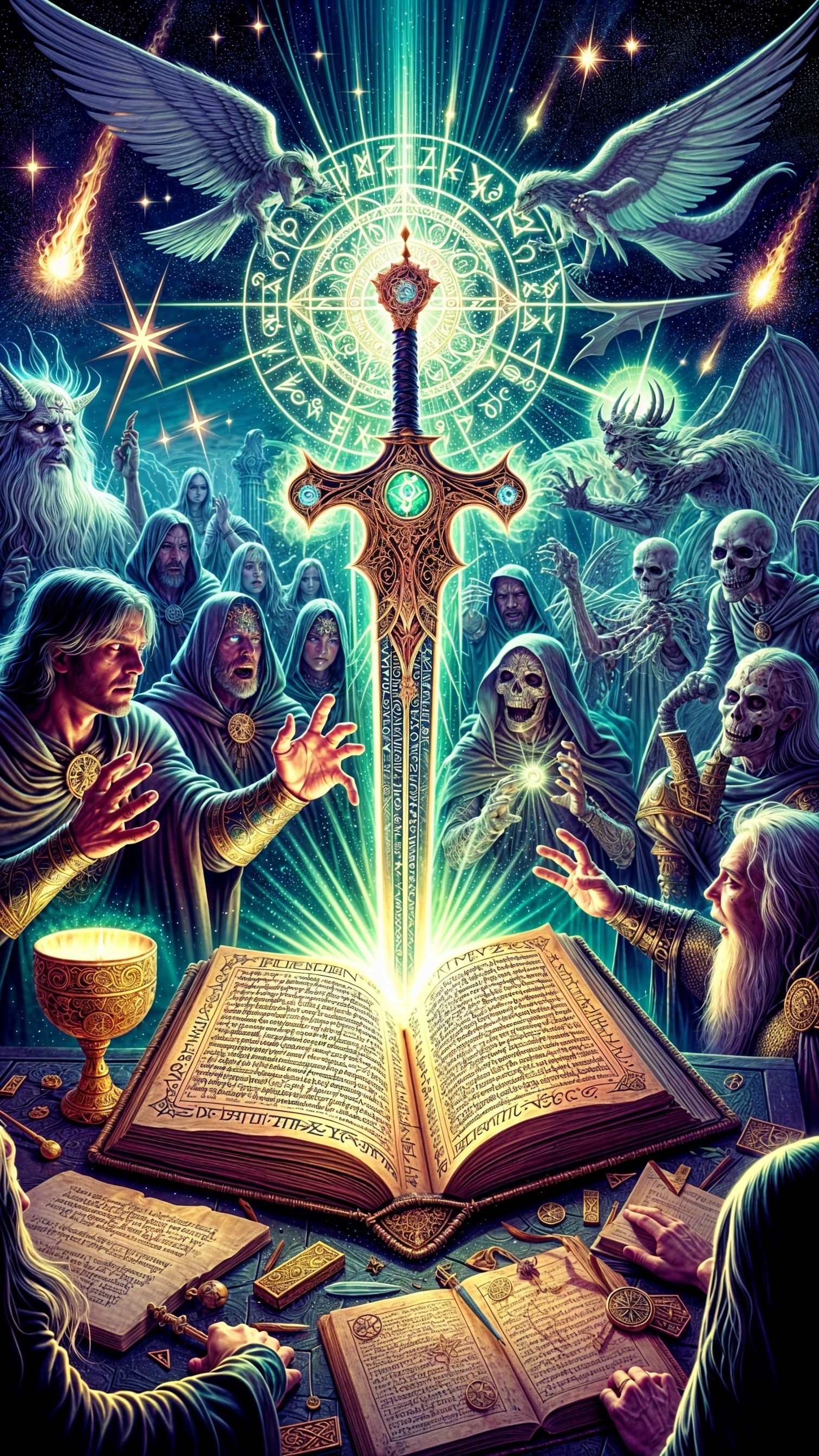 Cloaked Figures and Radiant Sword in Mystical Scene