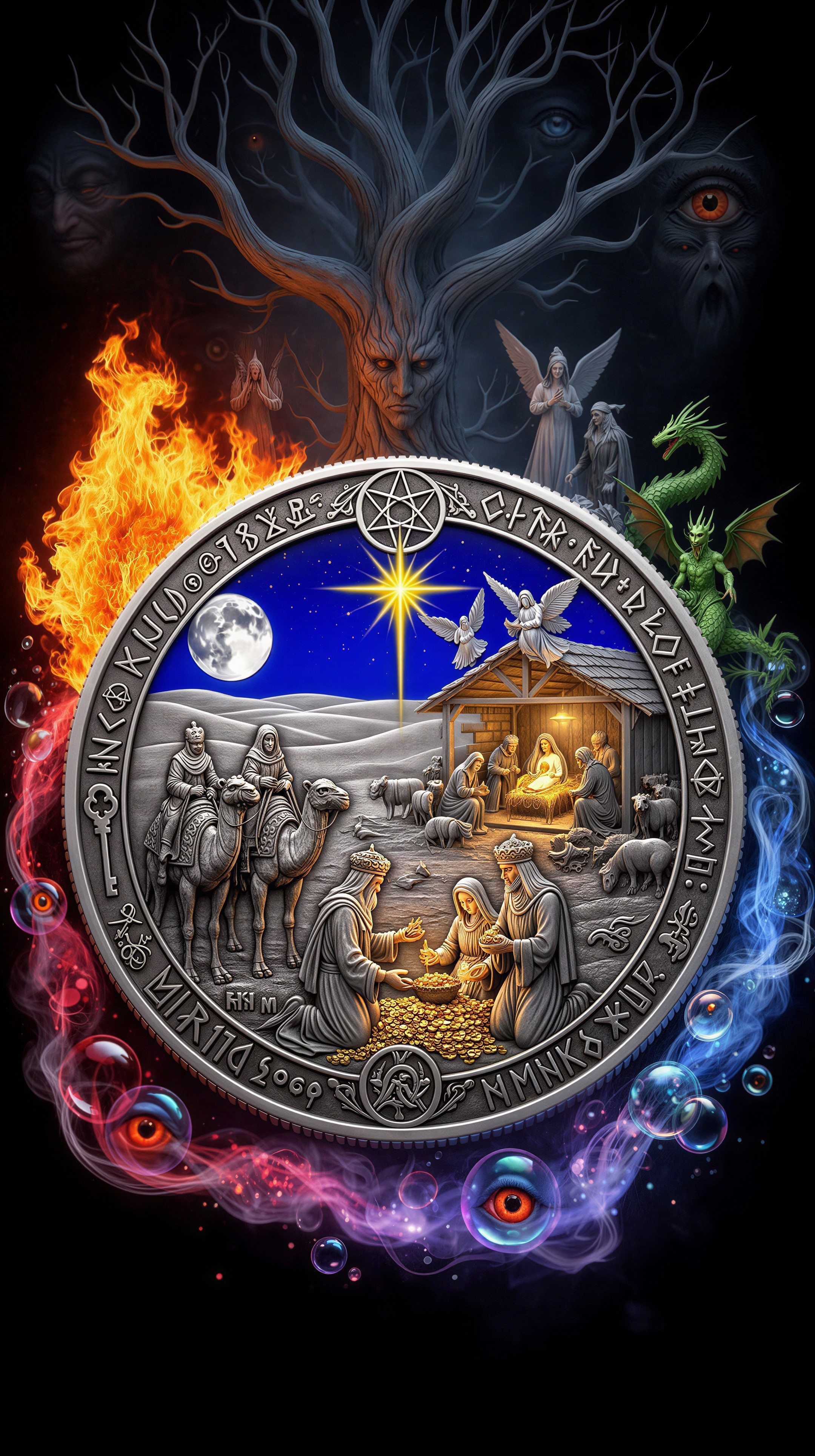 Intricate Silver-Grey Medallion with Nativity Scene