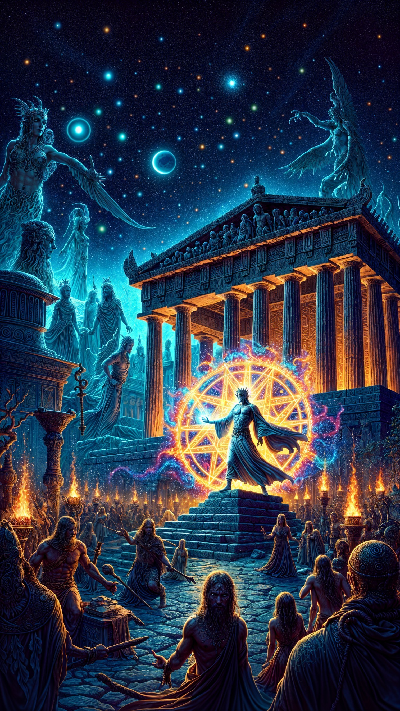 Ancient Temple Ritual Under Starry Sky with Onlookers