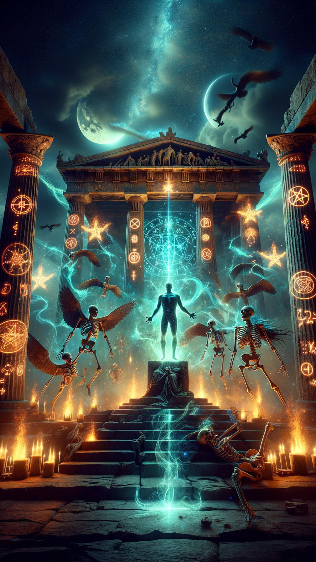 Mystical Temple Scene with Skeletons and Ethereal Figures