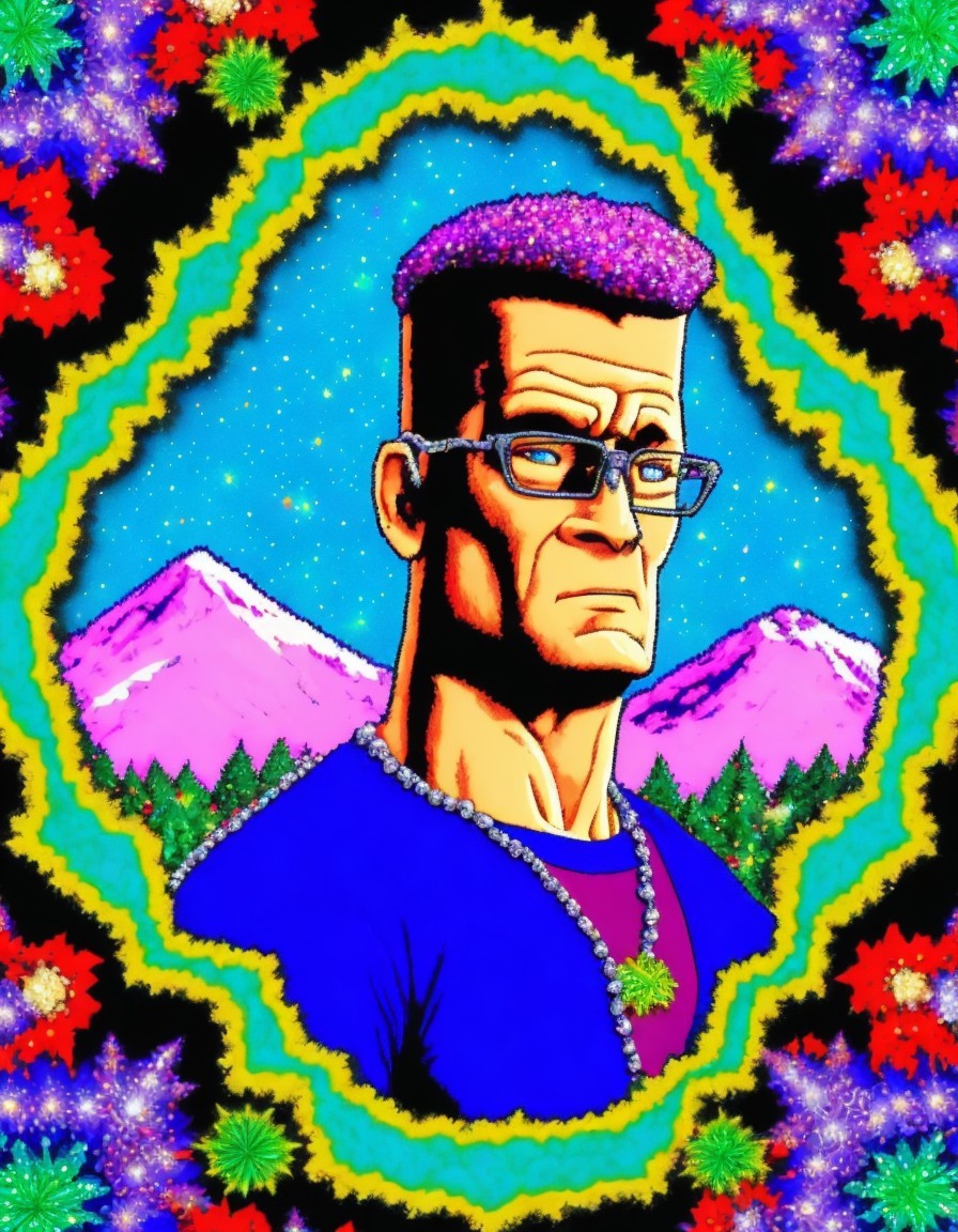Muscular Character in a Psychedelic Landscape