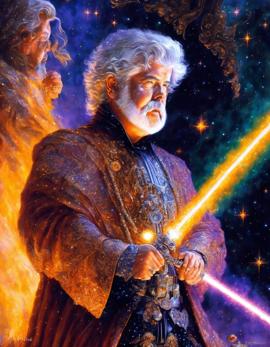 Majestic Figure in Cosmic Backdrop with Lightsaber