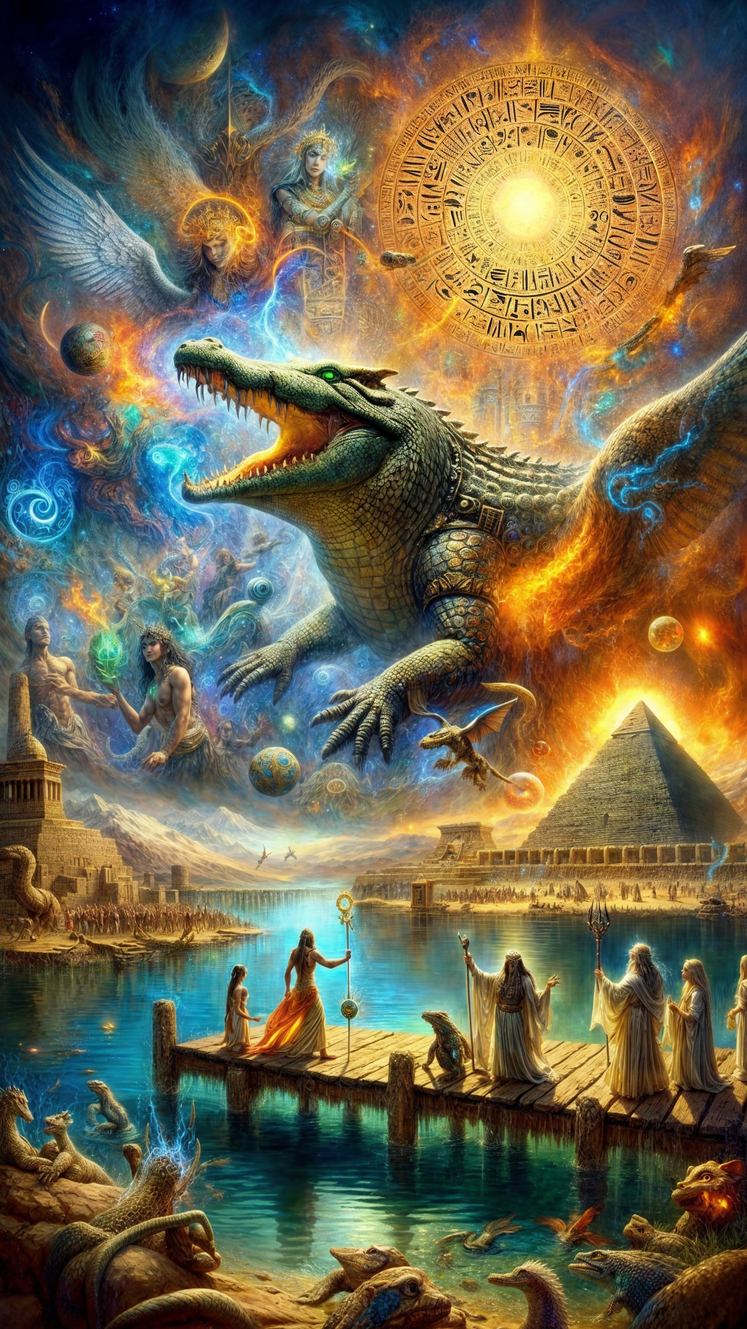 Fantasy Scene with Egyptian Elements and Cosmic Themes