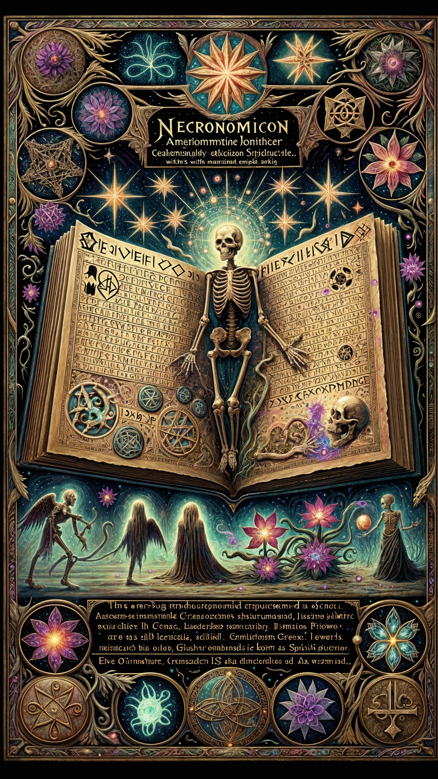 Ornate Mystical Book with Celestial Motifs and Skeleton