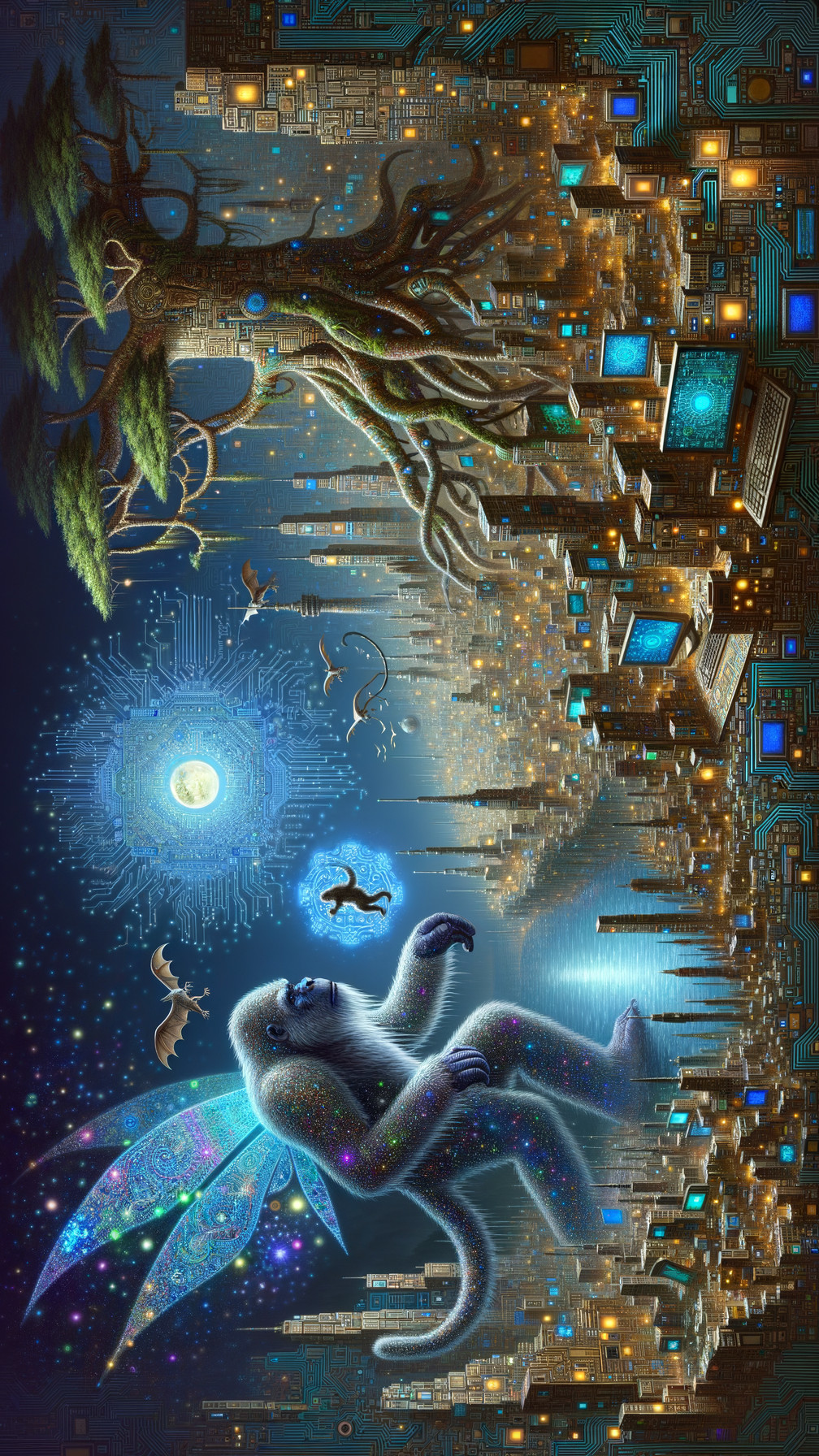 Cosmic Gorilla with Wings in Surreal Landscape