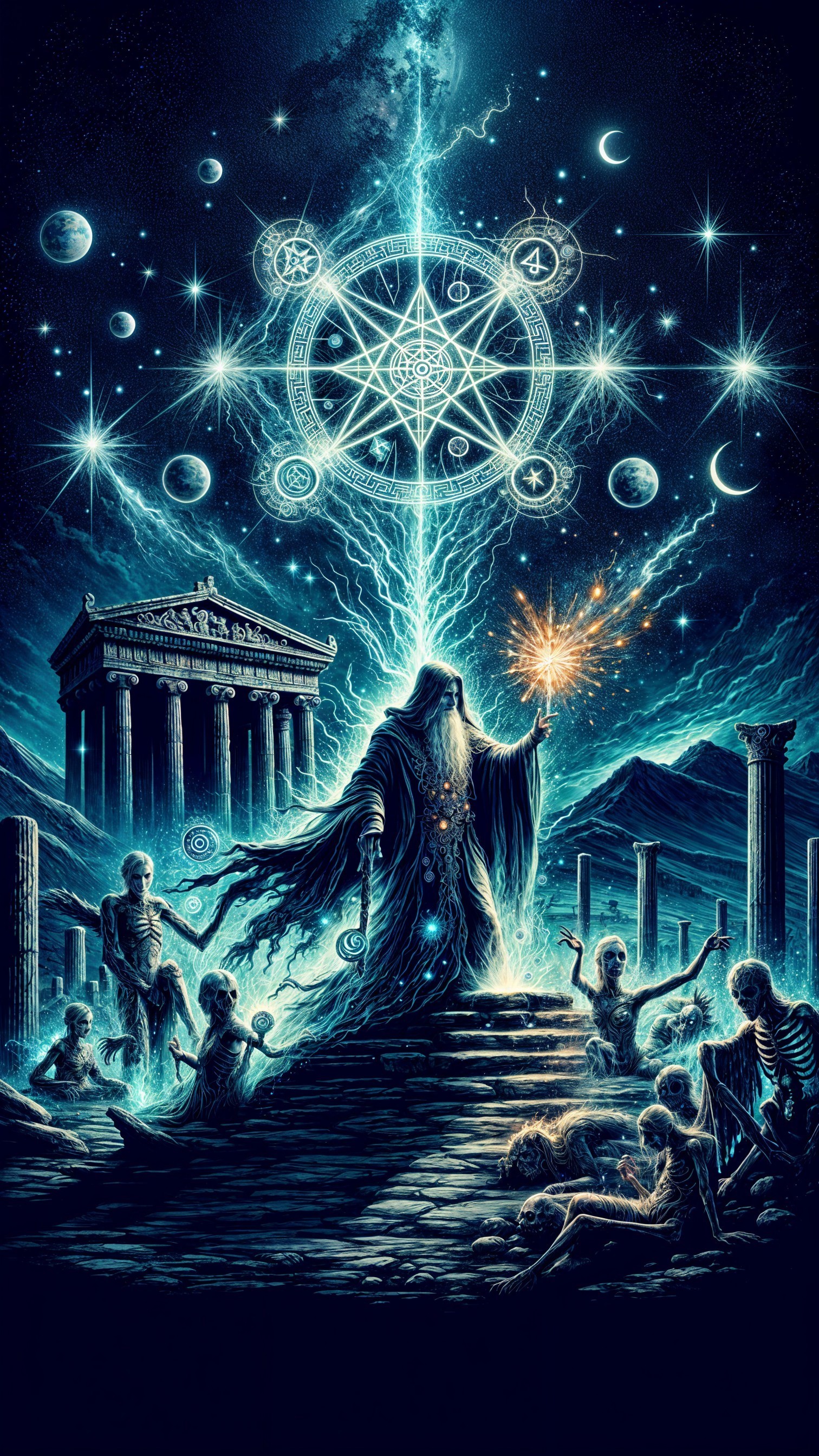 Mystical Figure Casting Light Among Ancient Ruins