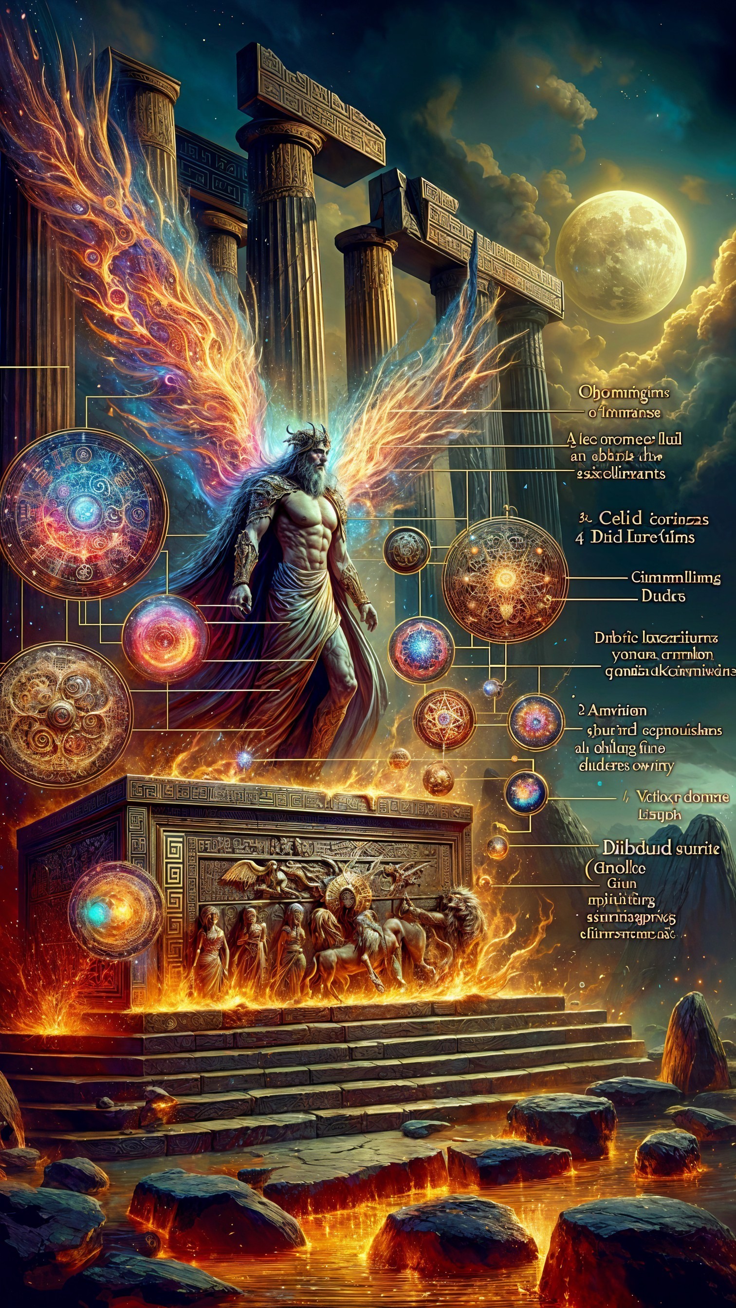 Majestic figure with fiery wings among ancient columns