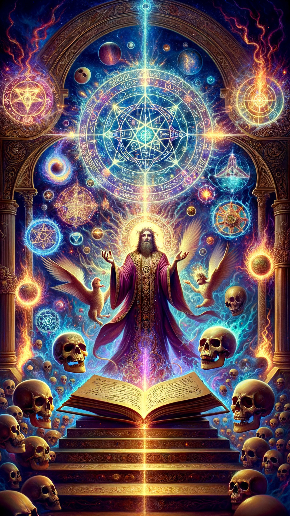 Mystical Figure Surrounded by Celestial Symbols and Energy