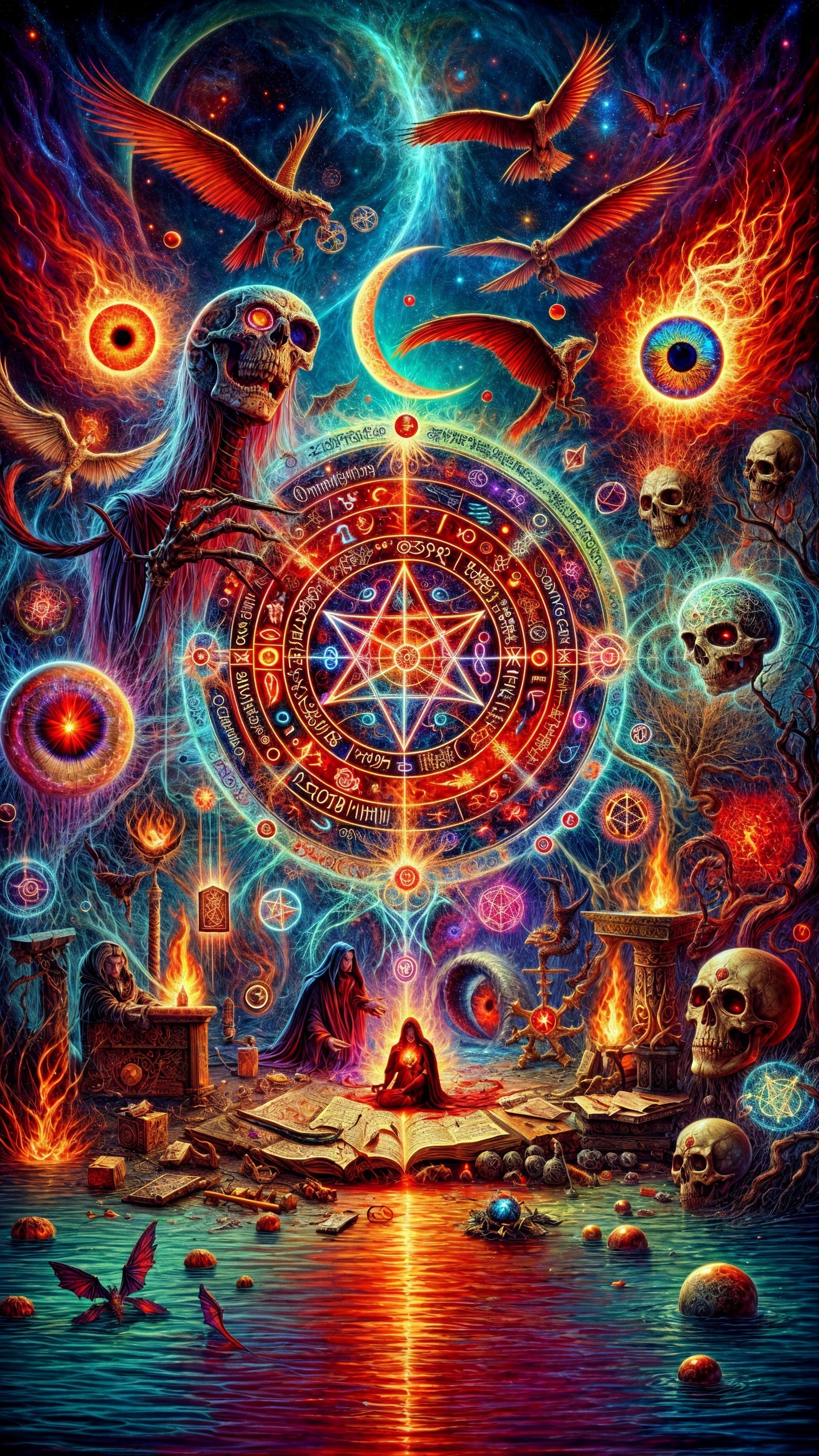 Cosmic Scene with Glowing Pentagram and Mystical Elements