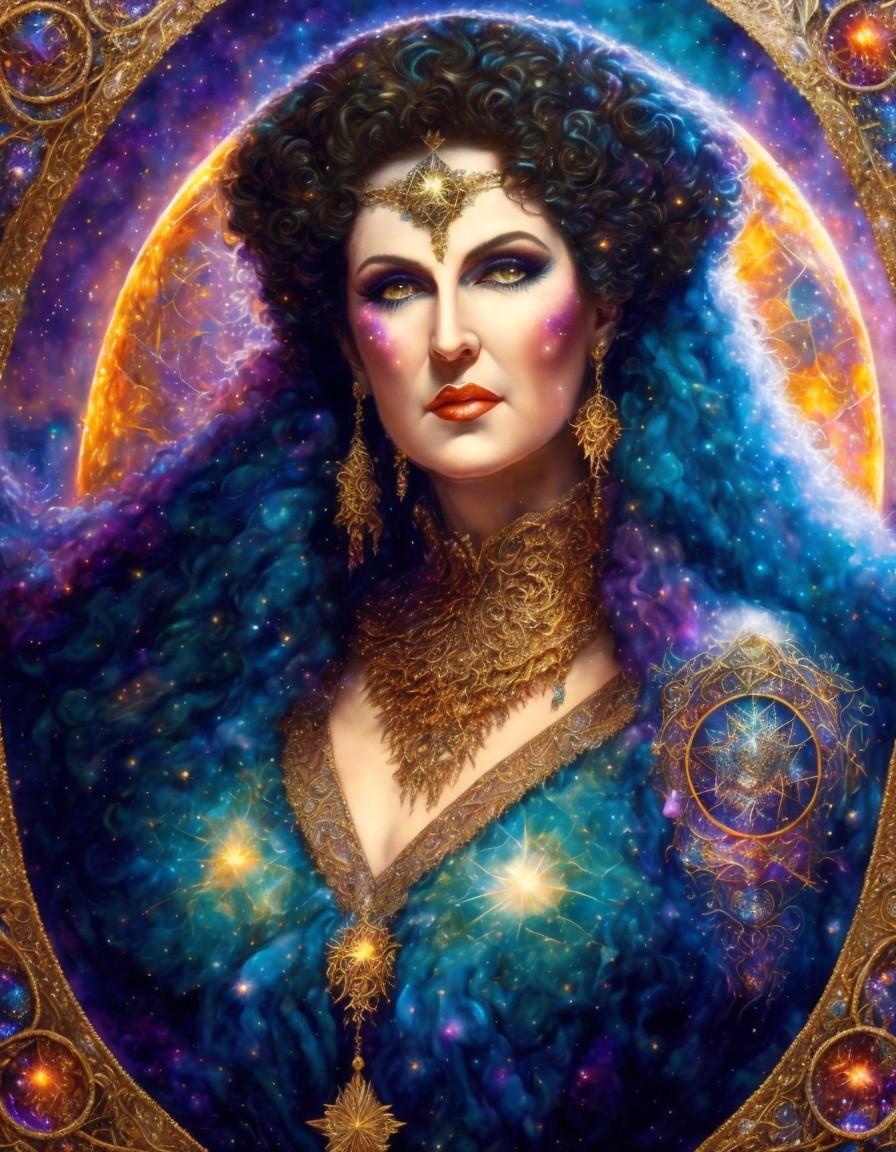 Mystical Woman in Blue and Gold with Cosmic Background