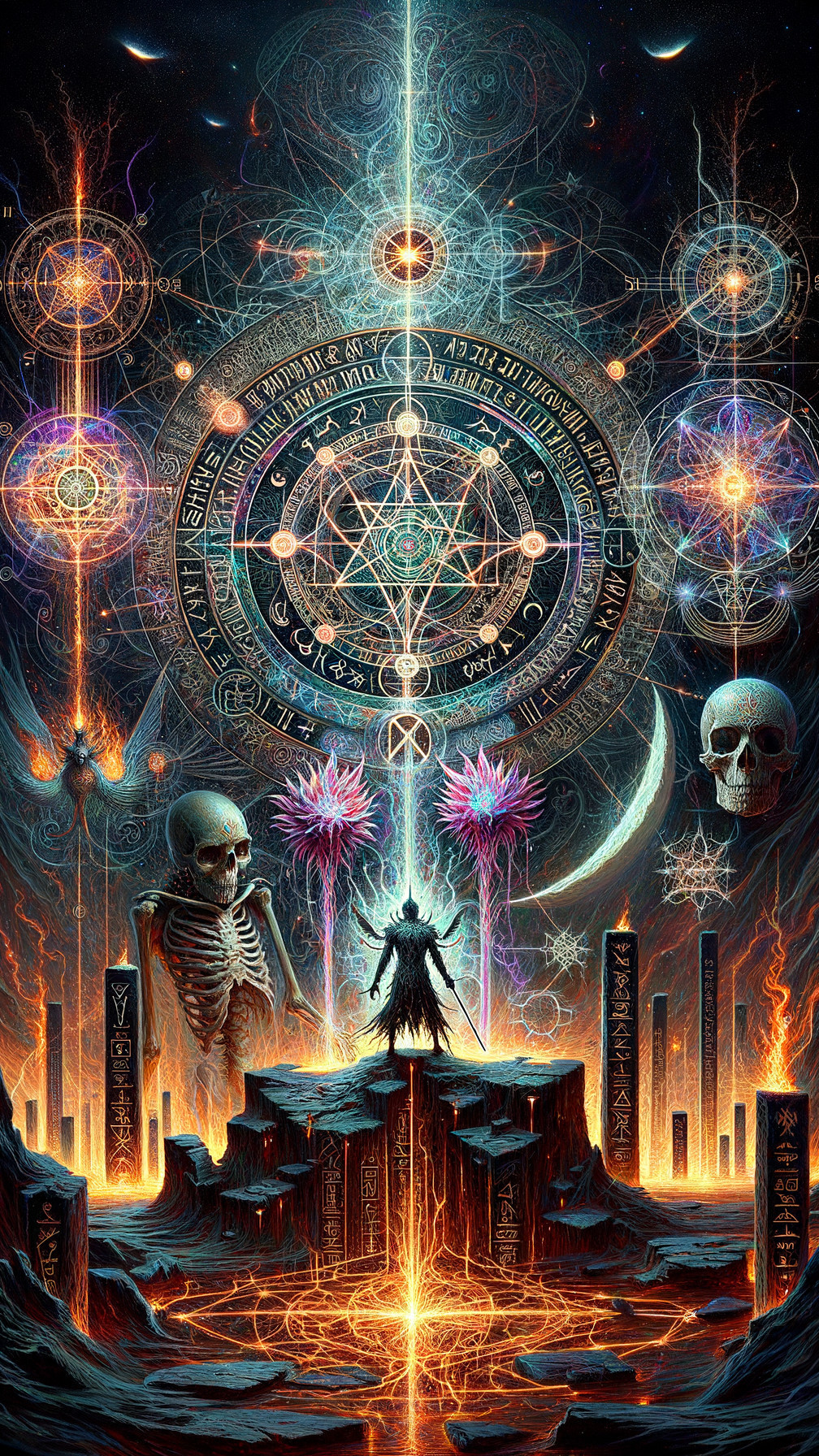 Cloaked Figure Amidst Glowing Symbols and Surreal Flora