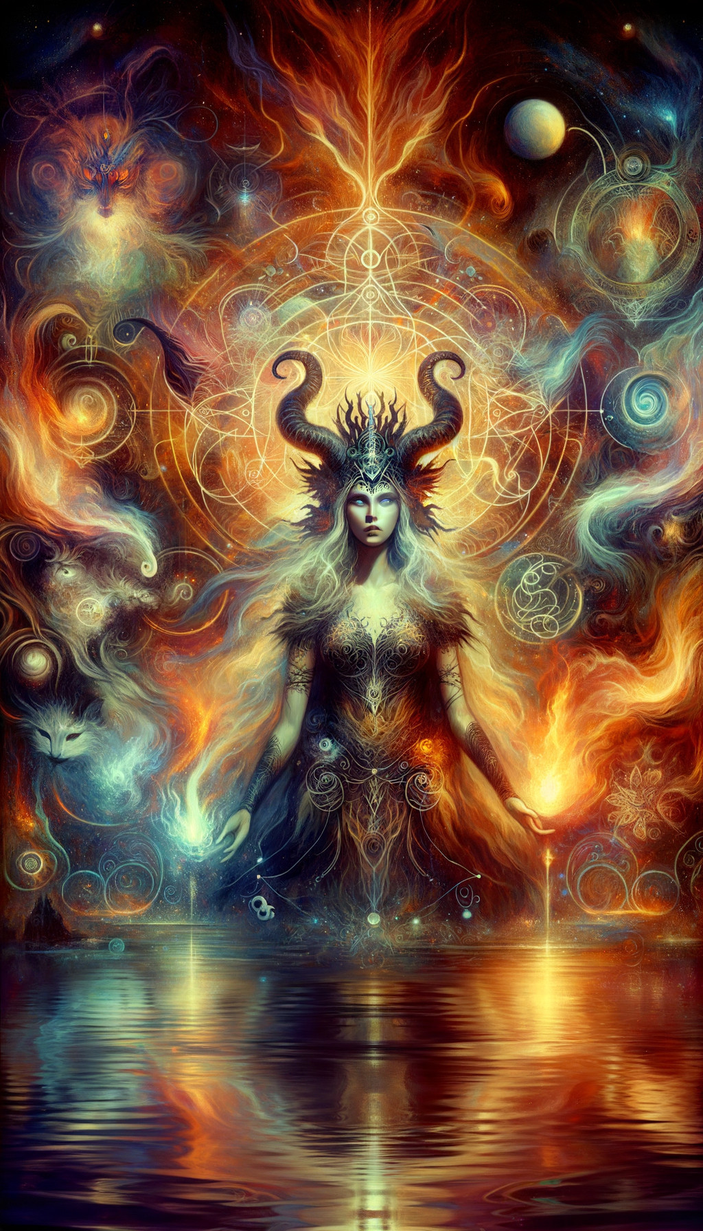 Mystical Figure in Ethereal Landscape with Cosmic Elements
