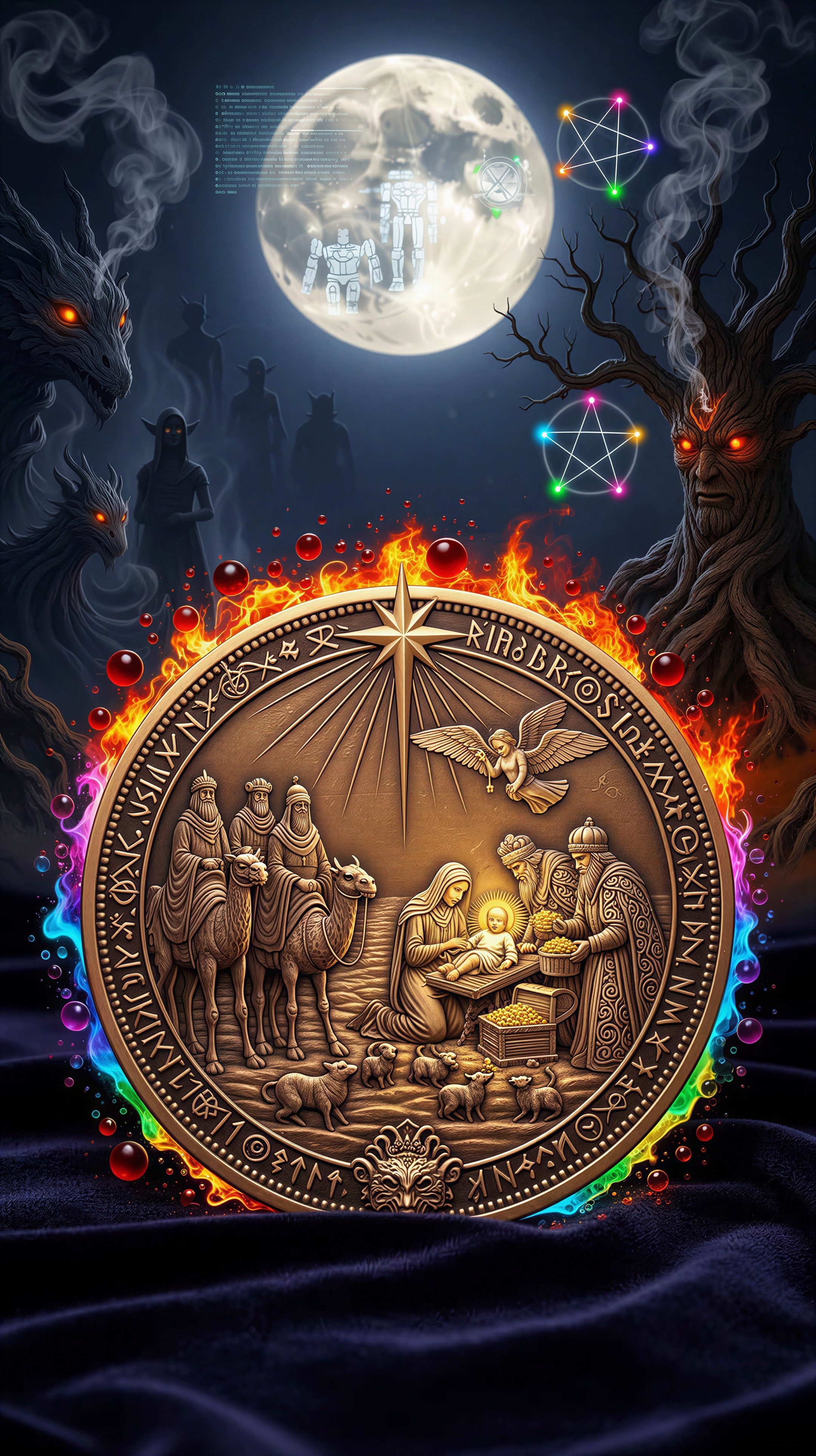 Digital Painting of Nativity Scene on a Coin