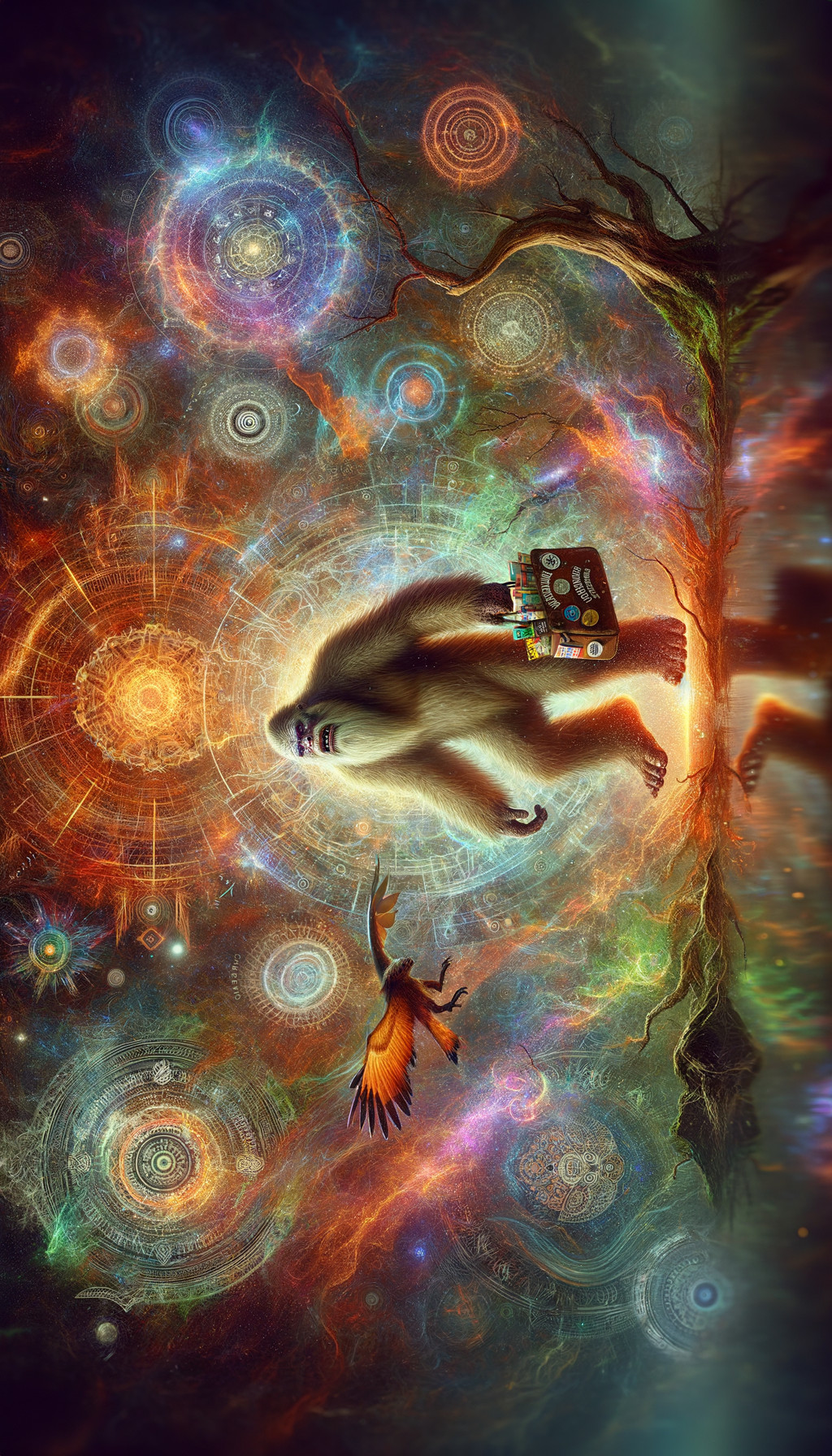 Surreal Cosmic Scene with Mythical Creature and Galaxy