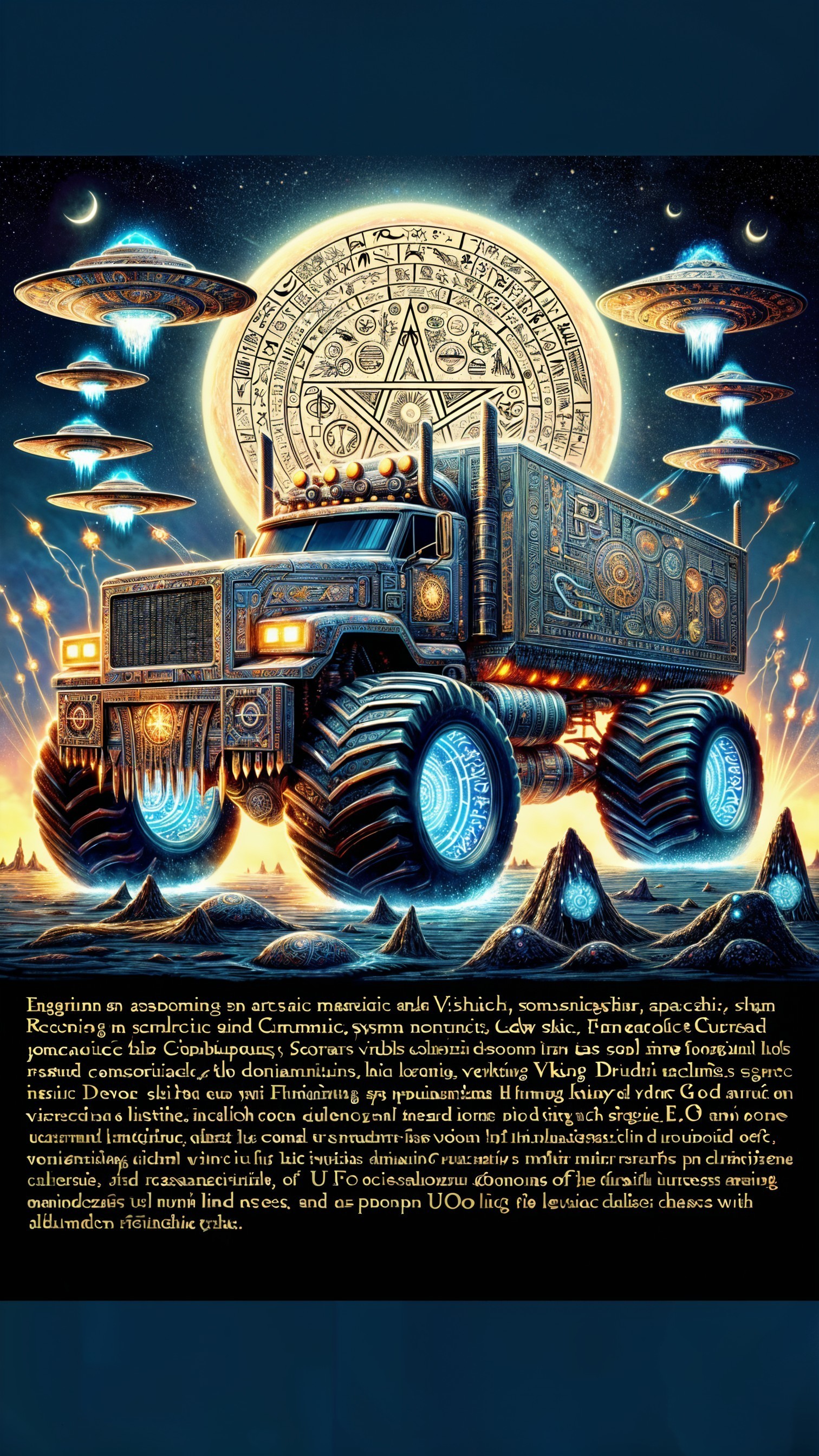 Futuristic monster truck in cosmic, vibrant scene