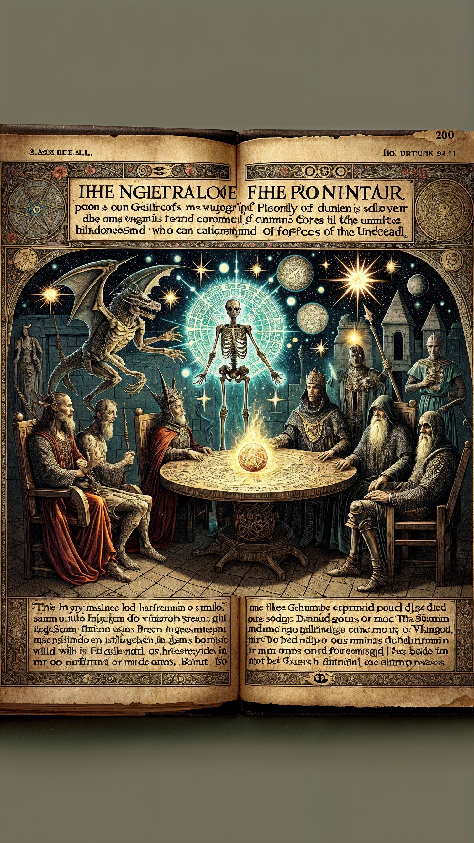 Ancient Book with Mystical Illustrations and Ritual Scene