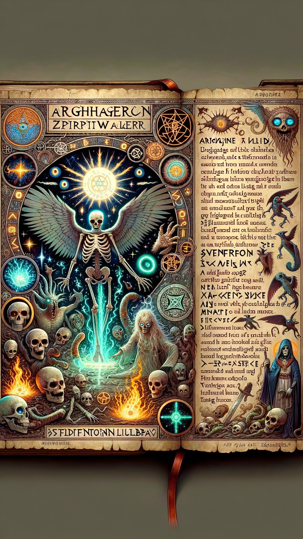 Ancient Book Page with Skeletal Figure and Symbols