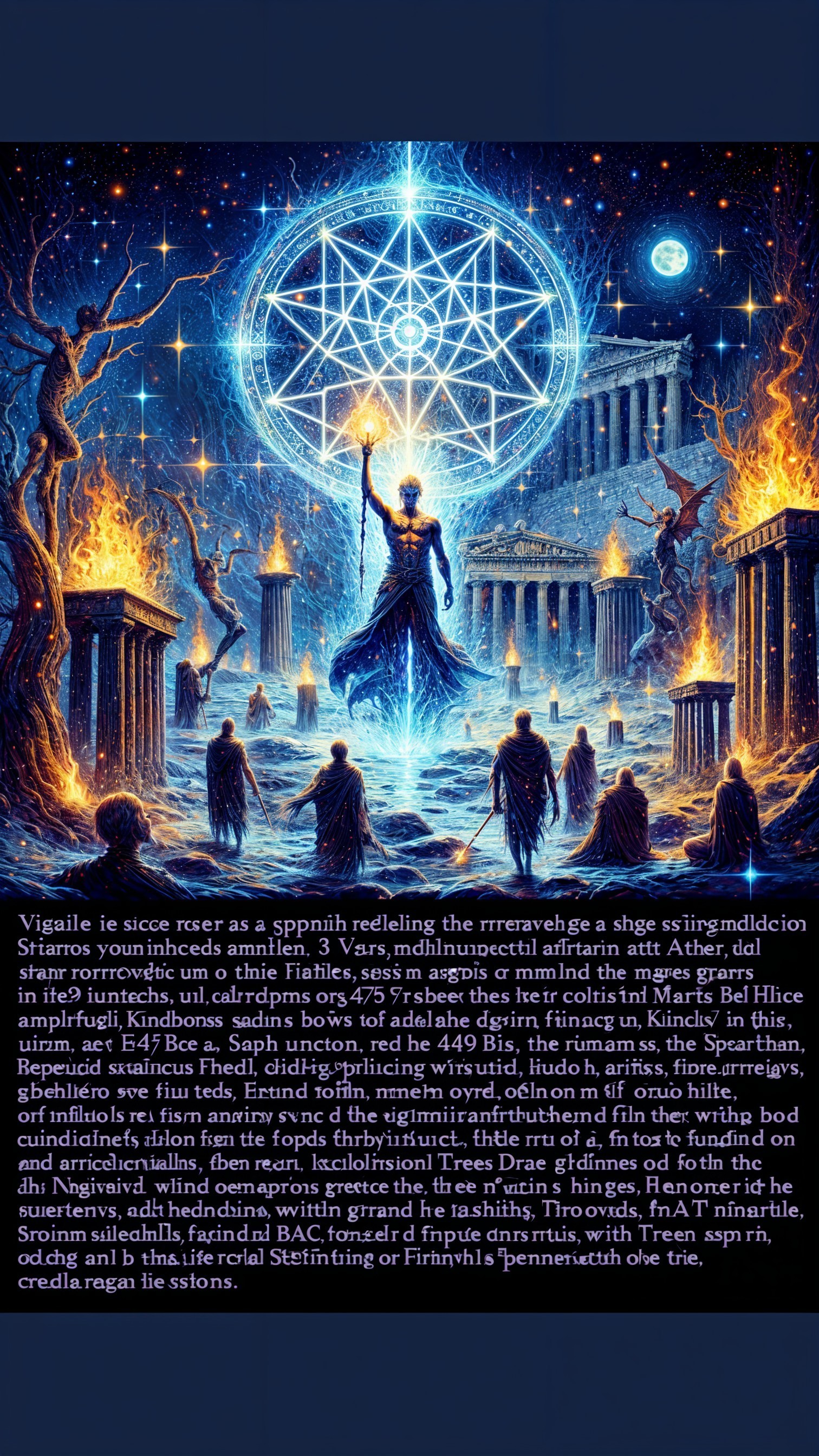 Cosmic Scene with Figure and Ancient Temple Elements